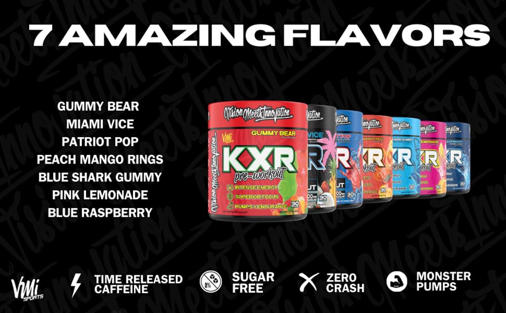 VMI Sports KXR preworkout serving scoop beside a prepared drink.