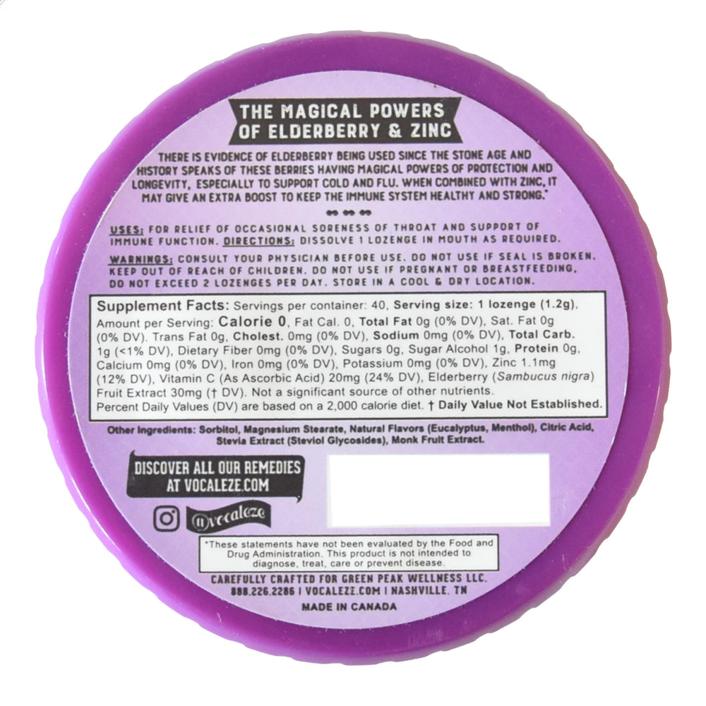 Vocal Eze ingredients label highlights elderberry, zinc, and vitamin C for daily resilience