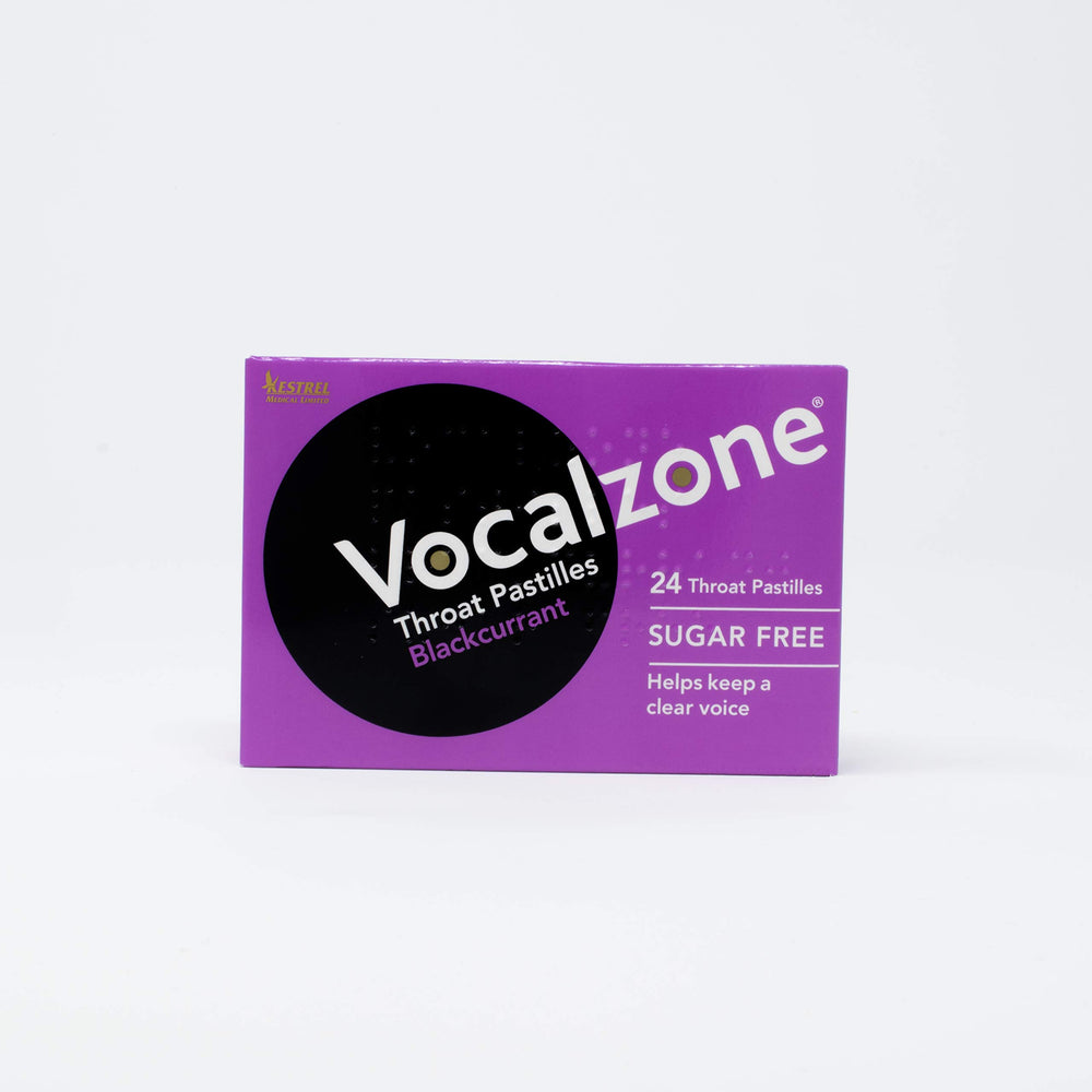 Vocalzone sugar-free blackcurrant pastilles for sugar-conscious users.