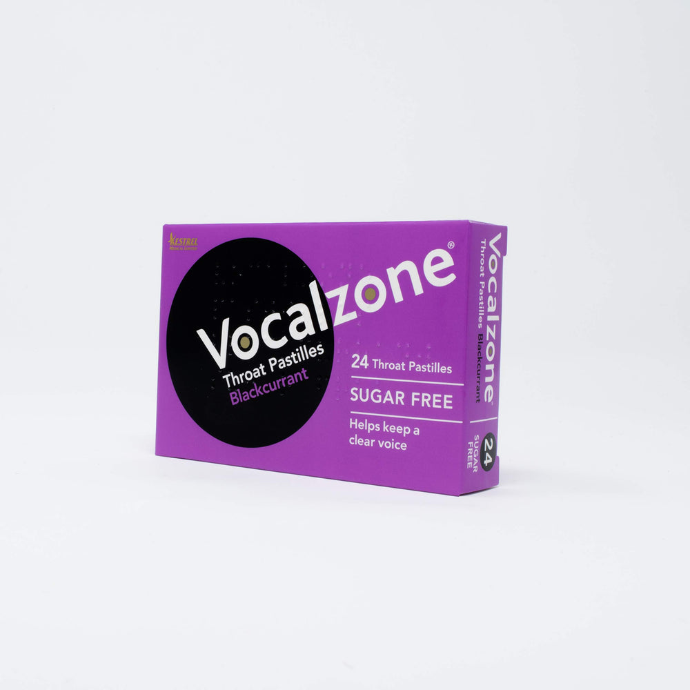 Open pack of Vocalzone pastilles in hand ready for immediate throat support.