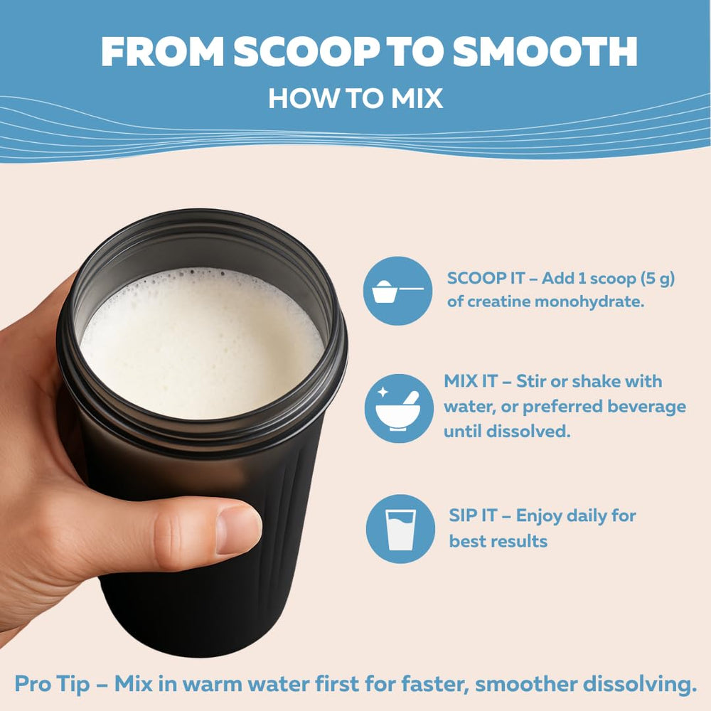 Bottle close-up of Vocks Creatine Monohydrate highlighting clean labeling.