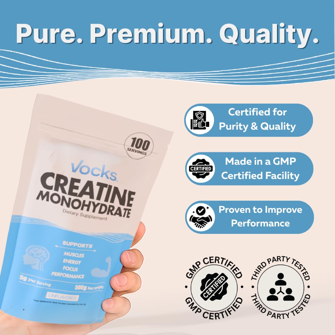 Gluten-free label on Vocks creatine packaging for dietary compatibility.