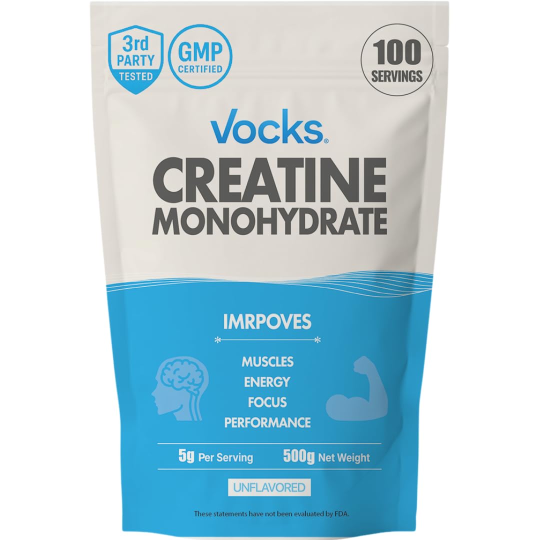 Vocks Creatine Monohydrate powder with scoop for precise 5g servings during workouts.