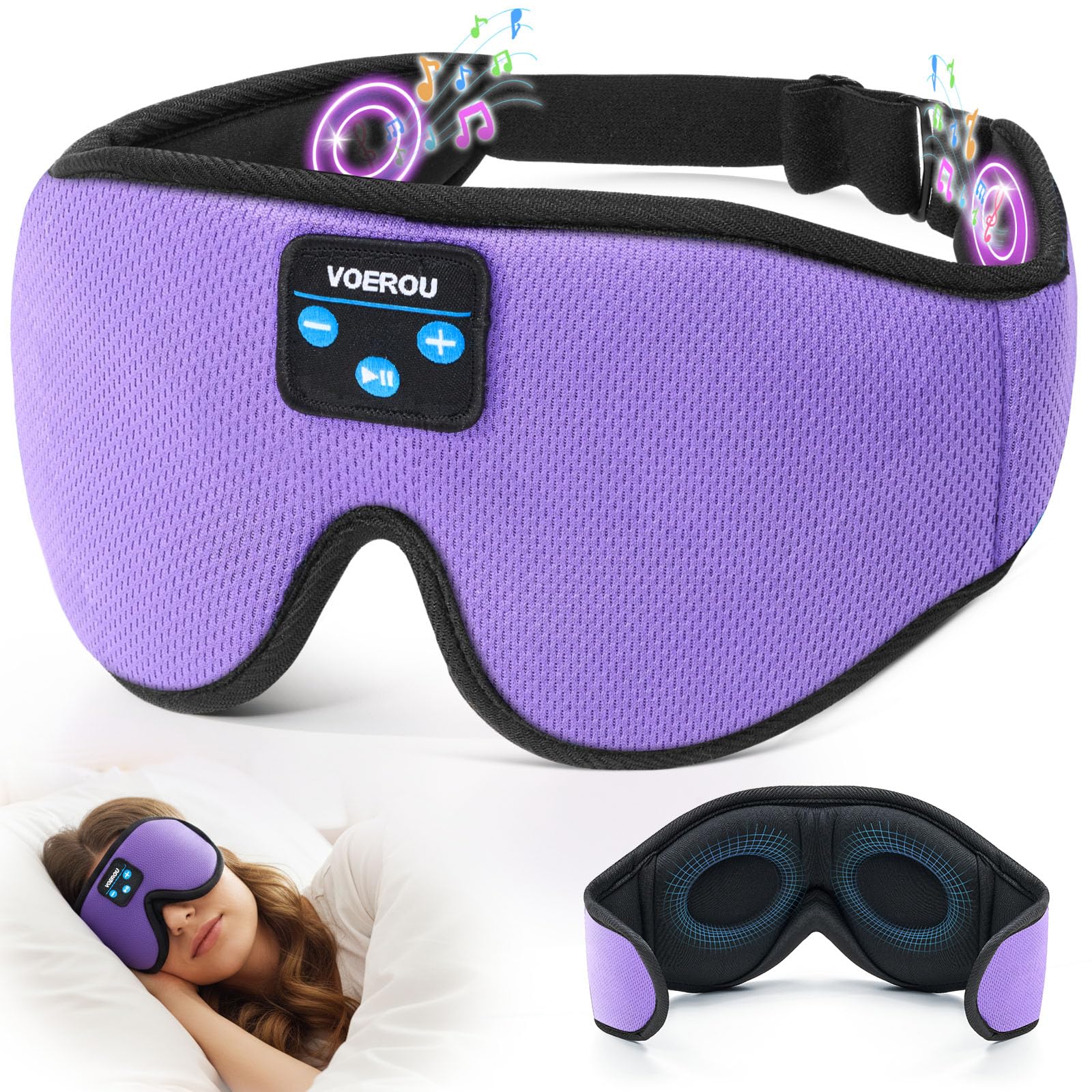 Voerou Bluetooth 3D sleep mask headphones with wireless speakers for tangle-free listening.