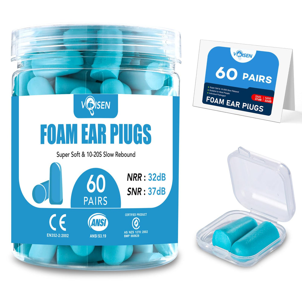 VOISEN 60-pairs foam ear plugs in blue packaging for sleeping comfort.