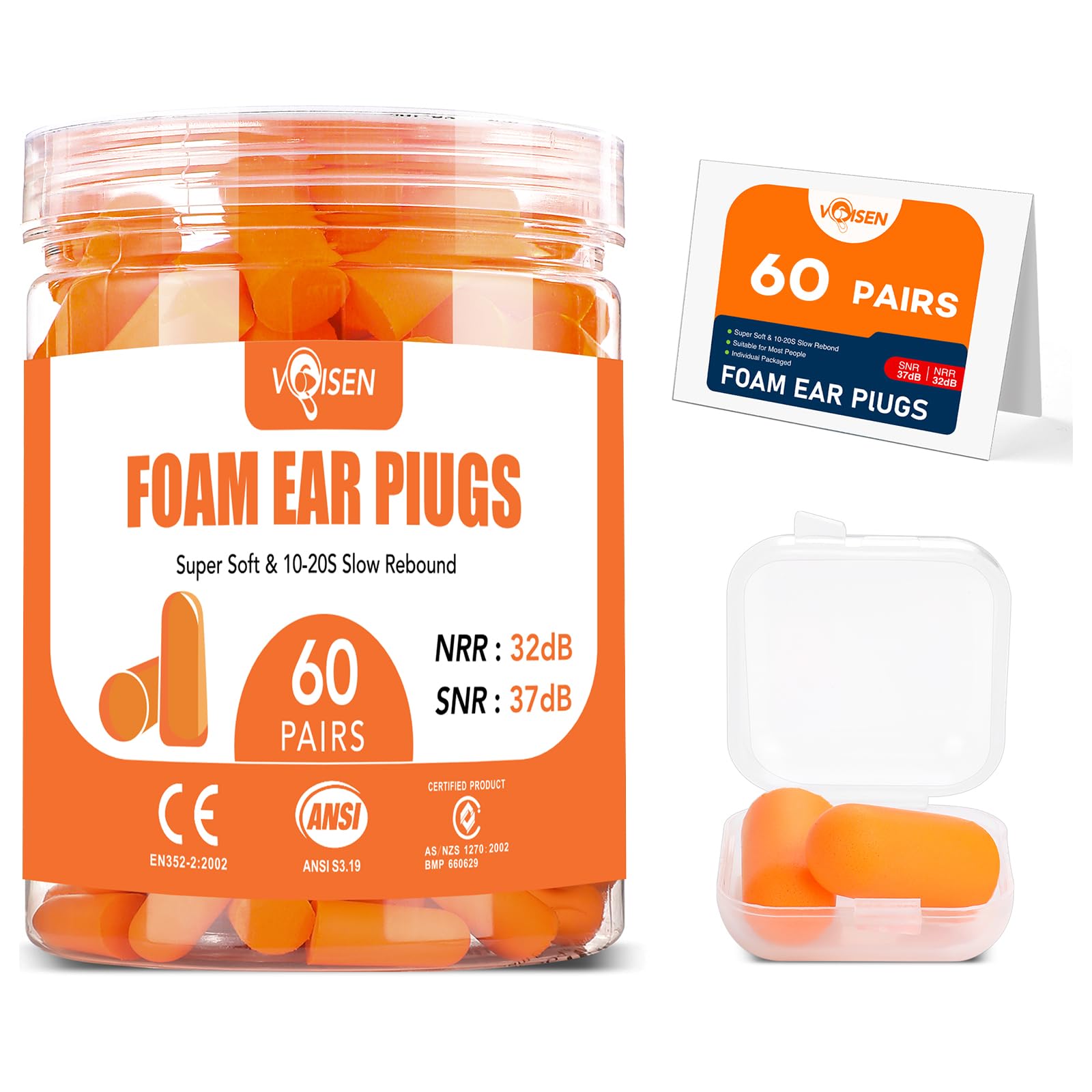 VOISEN foam ear plugs packaging for easy storage and portability.