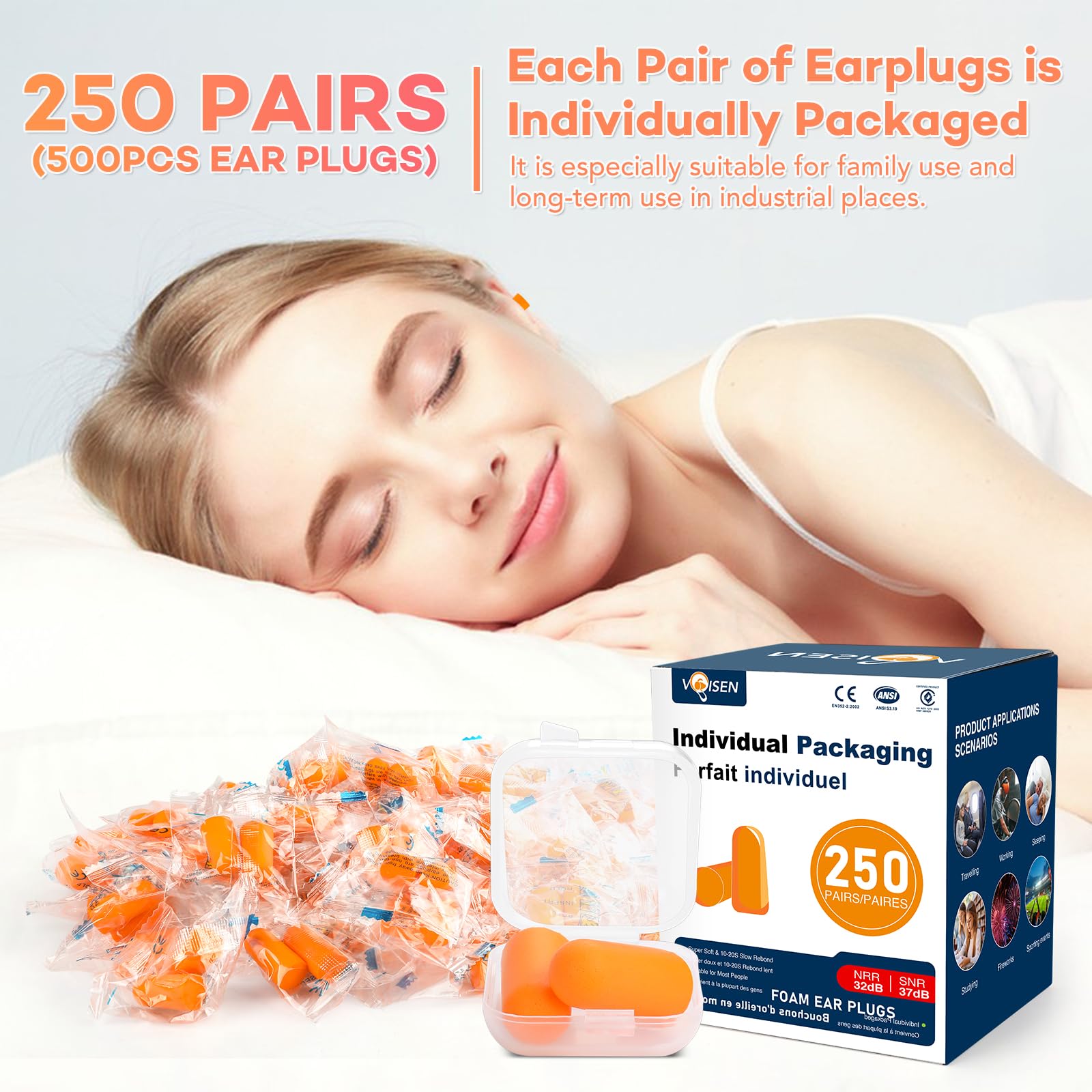 VOISEN ear plugs delivering 32dB NRR for quieter sleep.