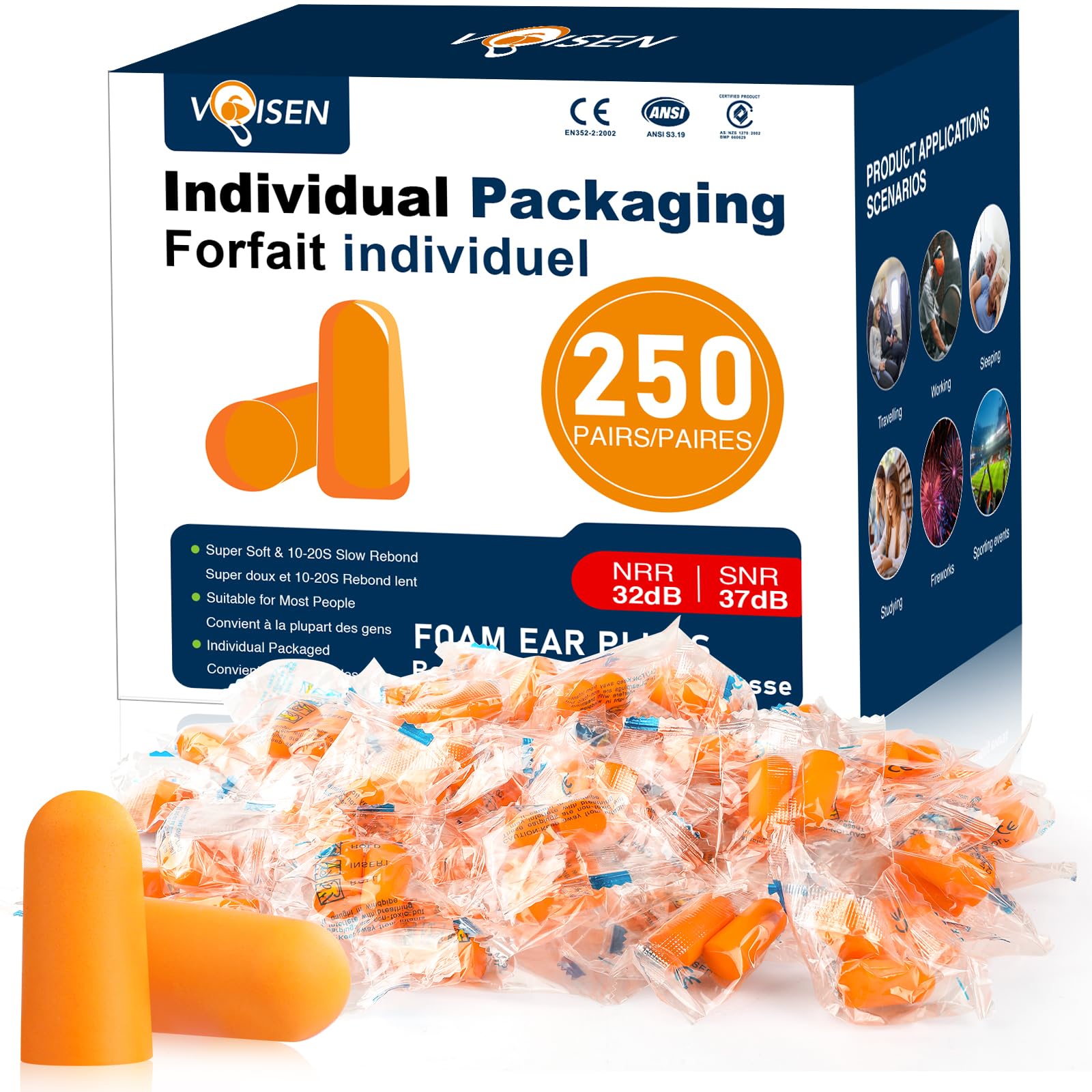VOISEN ear plugs with soft-foam comfort for all-night wear.