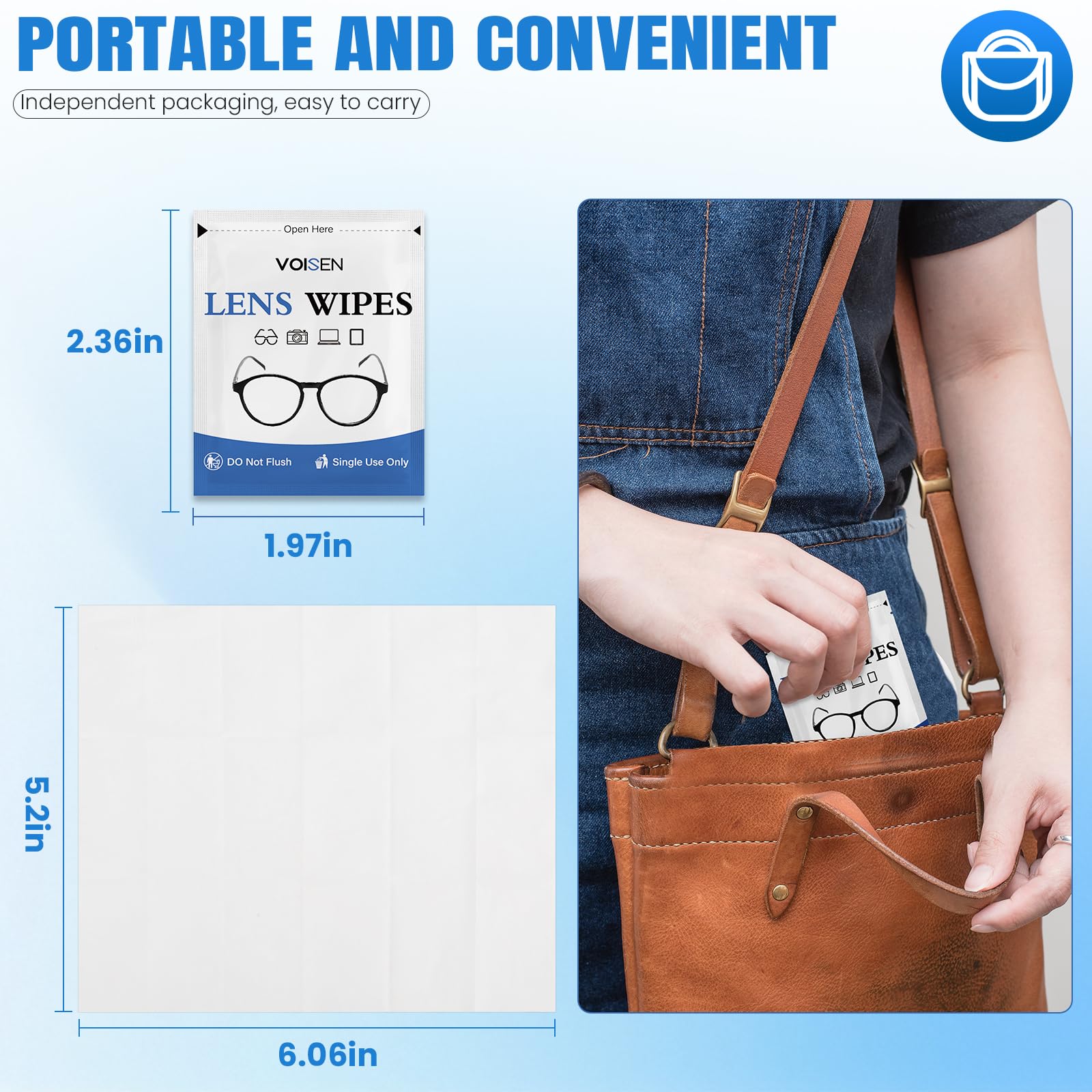VOISEN lens wipes with large wipe size for quick coverage