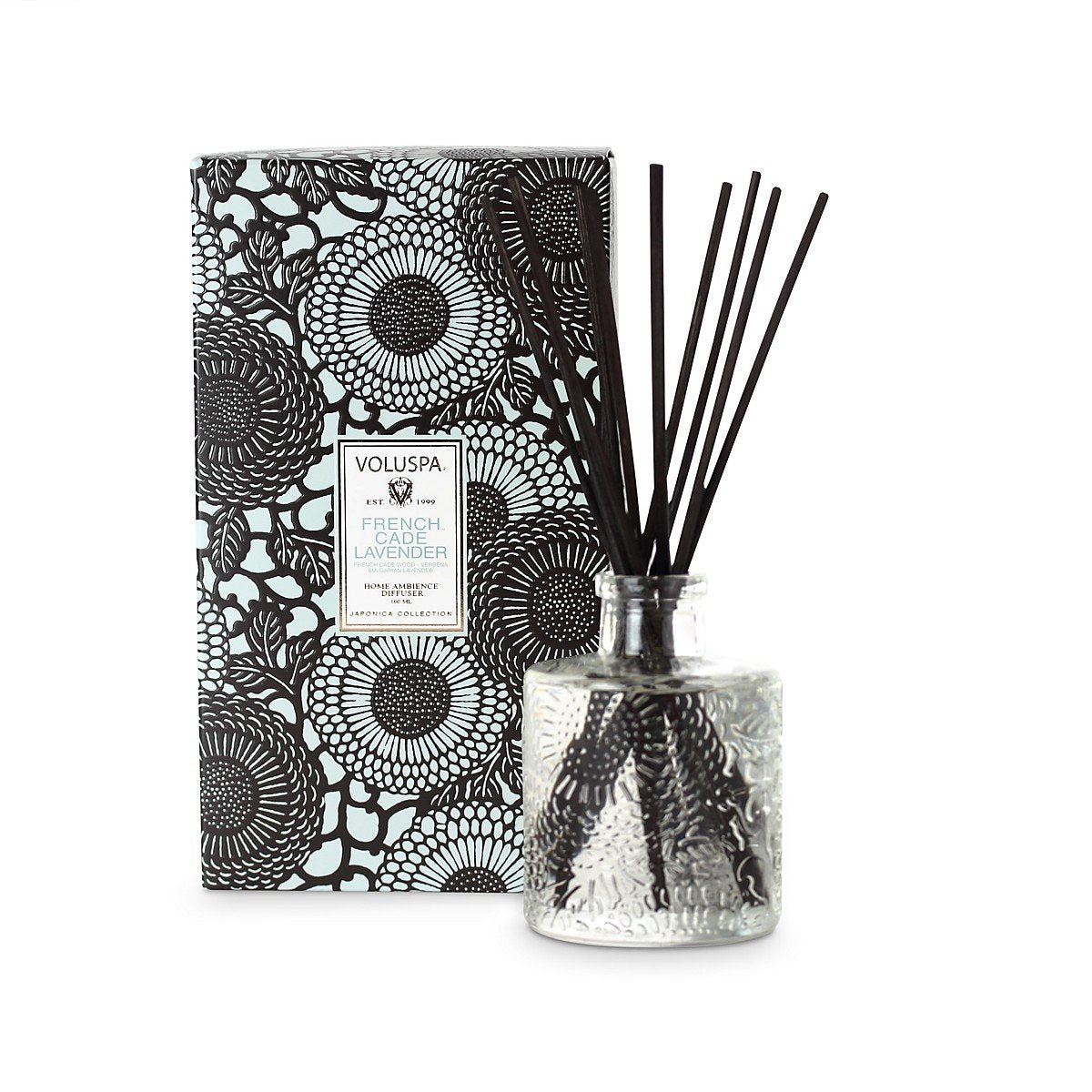Voluspa French Cade & Lavender diffuser with embossed glass jar for calming home scent
