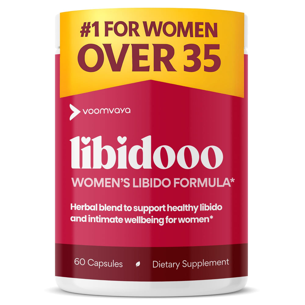 VoomVaya Libidooo bottle closeup highlighting a trusted wellness booster for women over 35.
