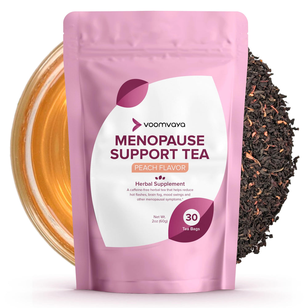 VoomVaya Peach Cup tea, soothing flavor with potential hot flash relief