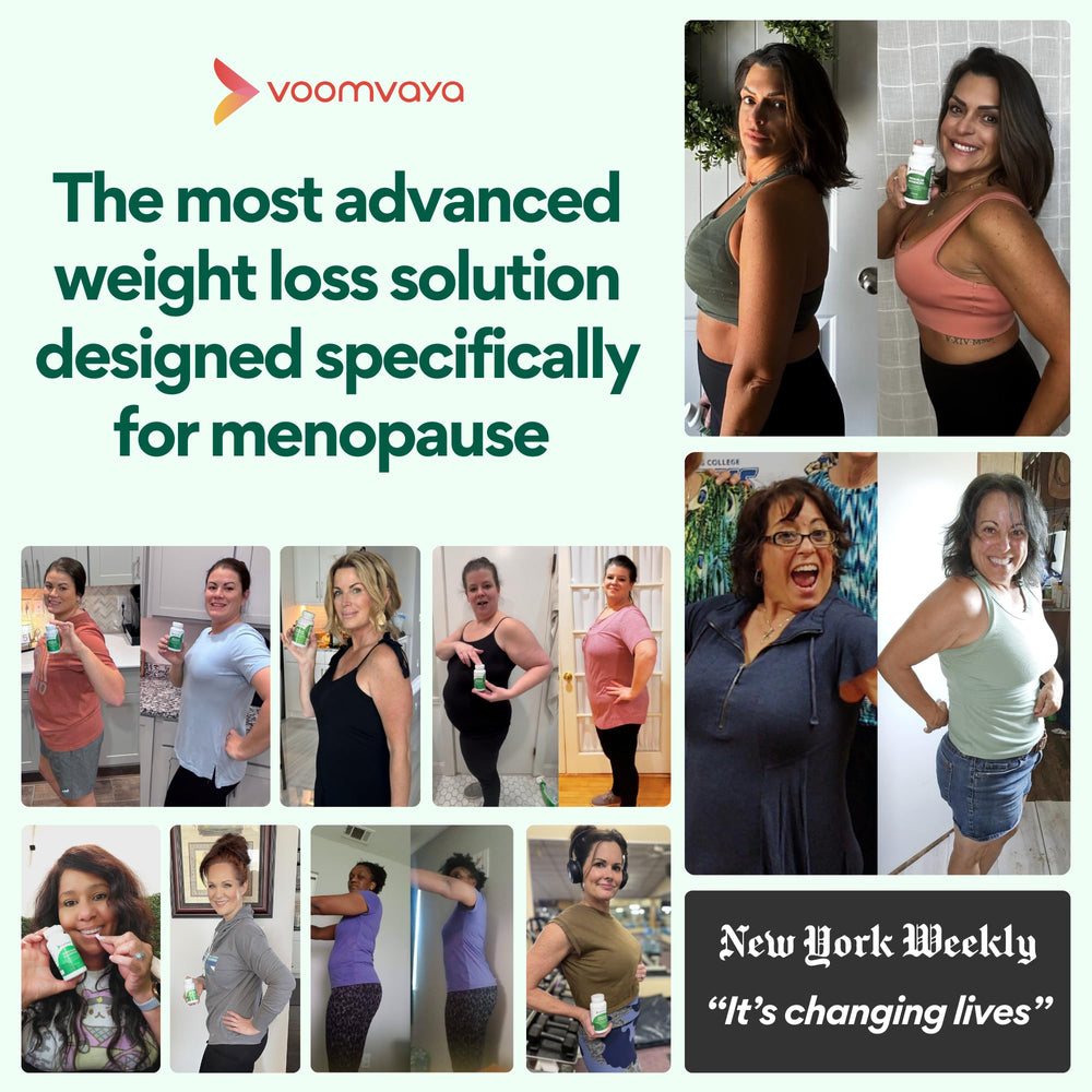 VoomVaya MenoSlim capsules in bottle offer convenient daily support for menopause weight management.