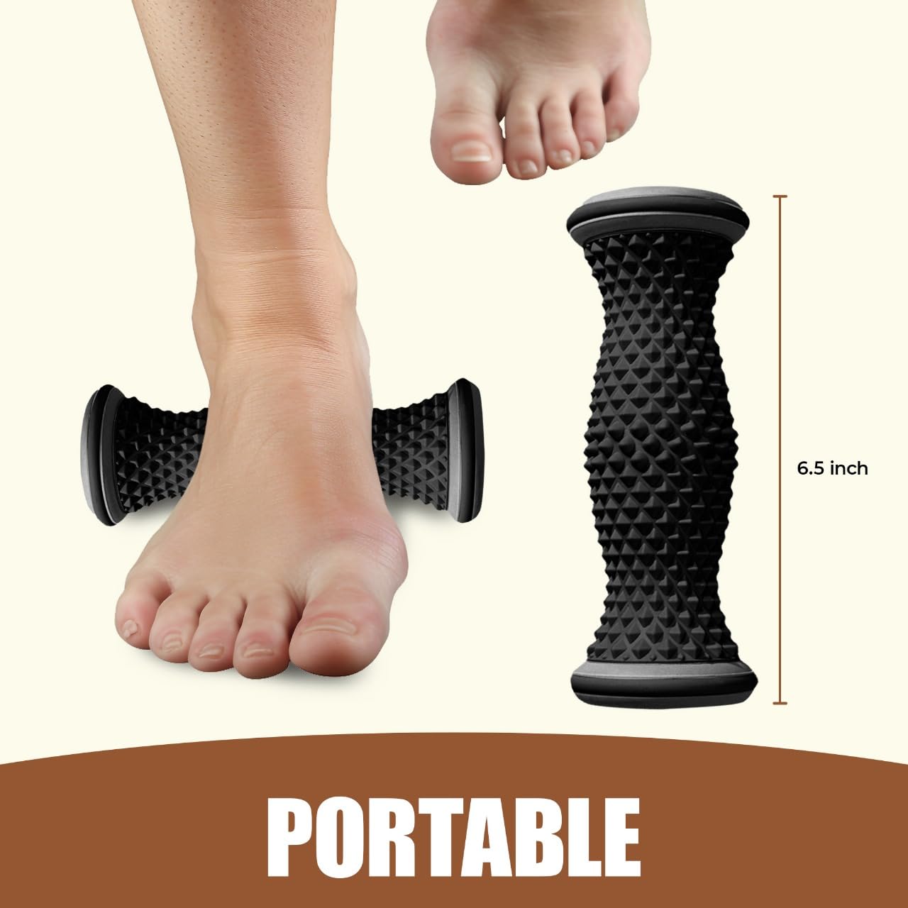 Vornnex Foot Massager Roller rolling motion under arches and heels for a massage-like feel.