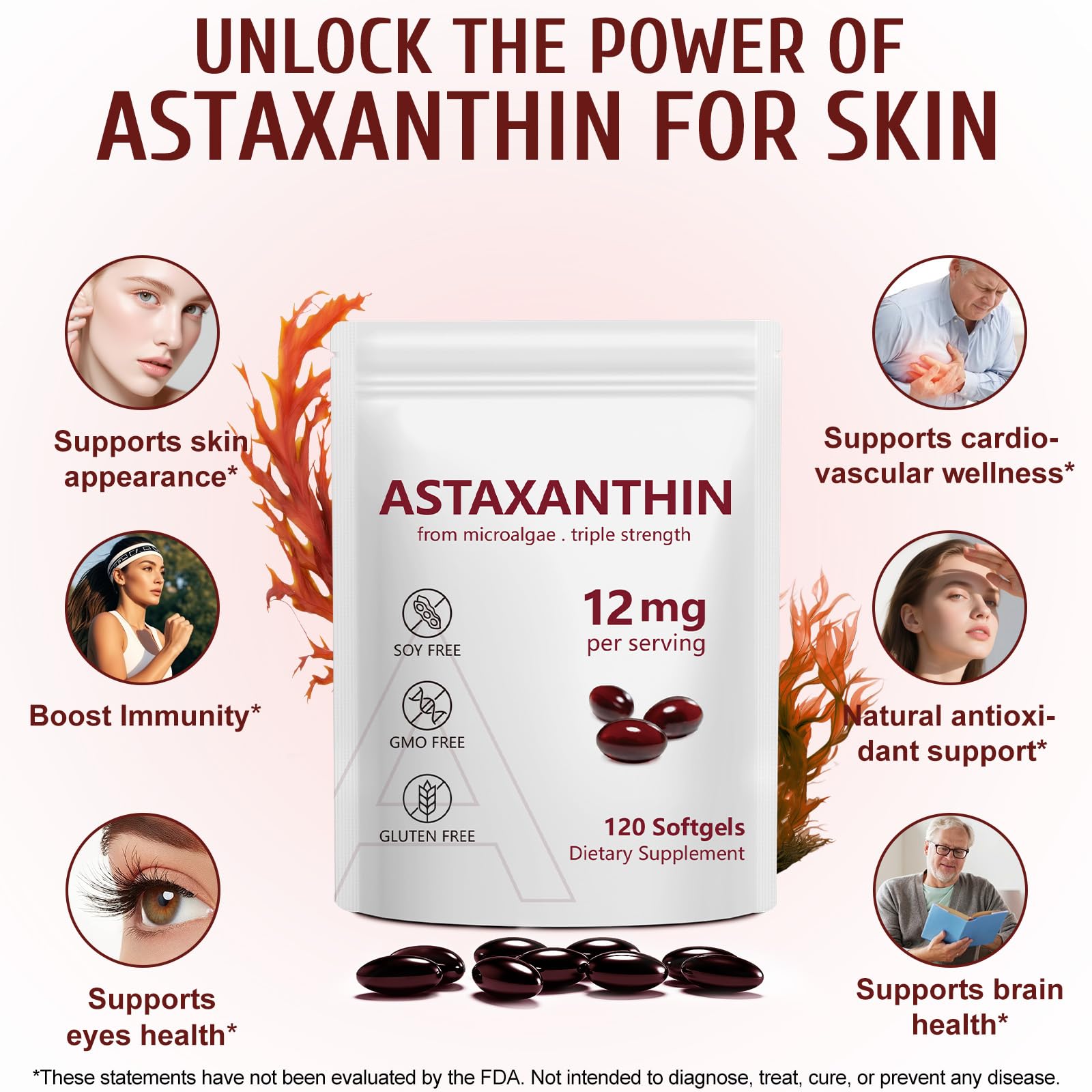 Vortexonix Astaxanthin 12mg packaging close-up communicating eye and skin benefits