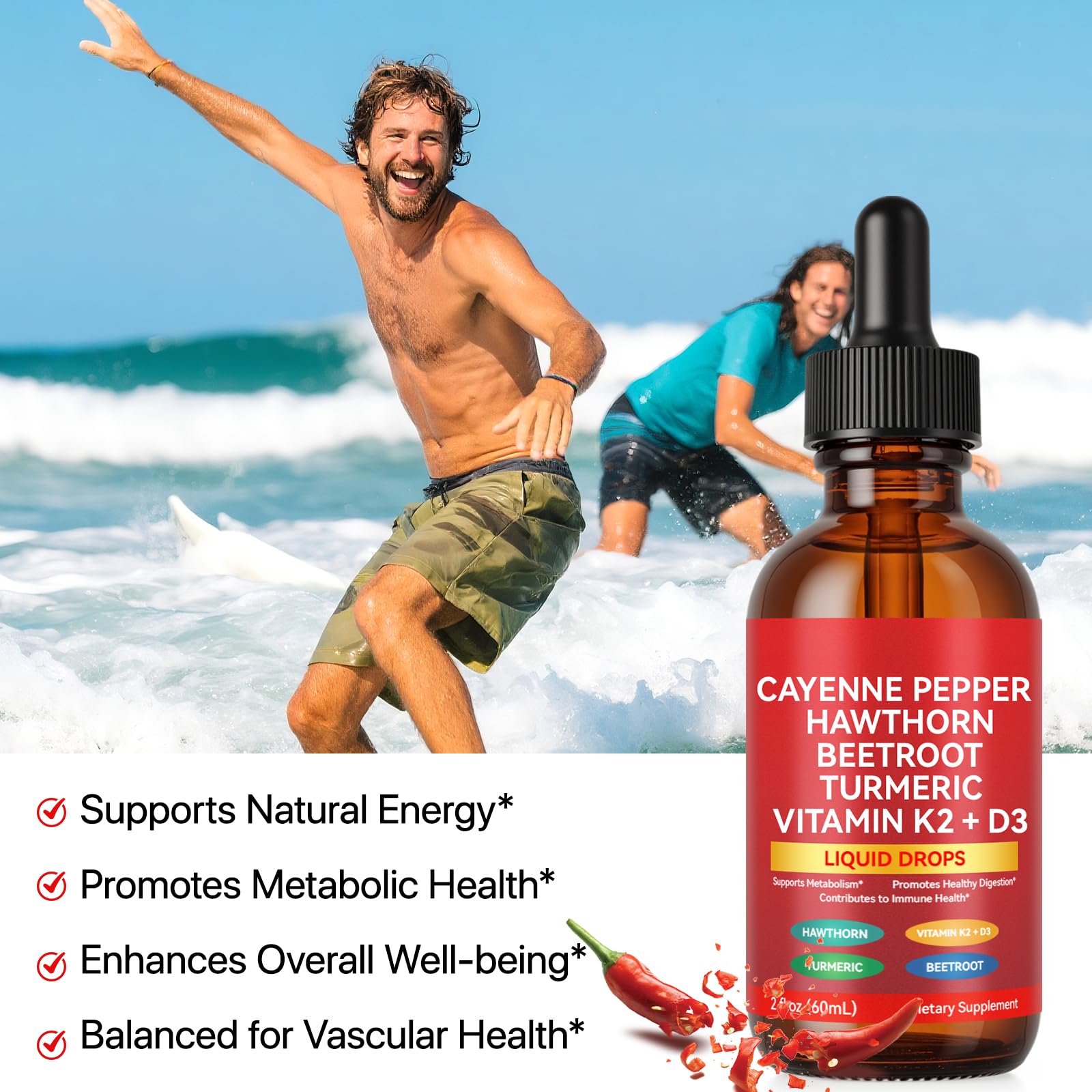 Vortexonix Cayenne Drops ingredients label highlights hawthorn, beet, and turmeric benefits.