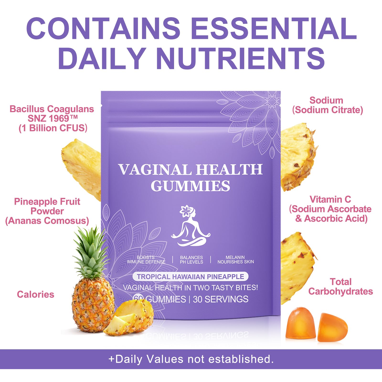 Close-up of Vortexonix Vital bottle showing pineapple-flavored gummies for daily use