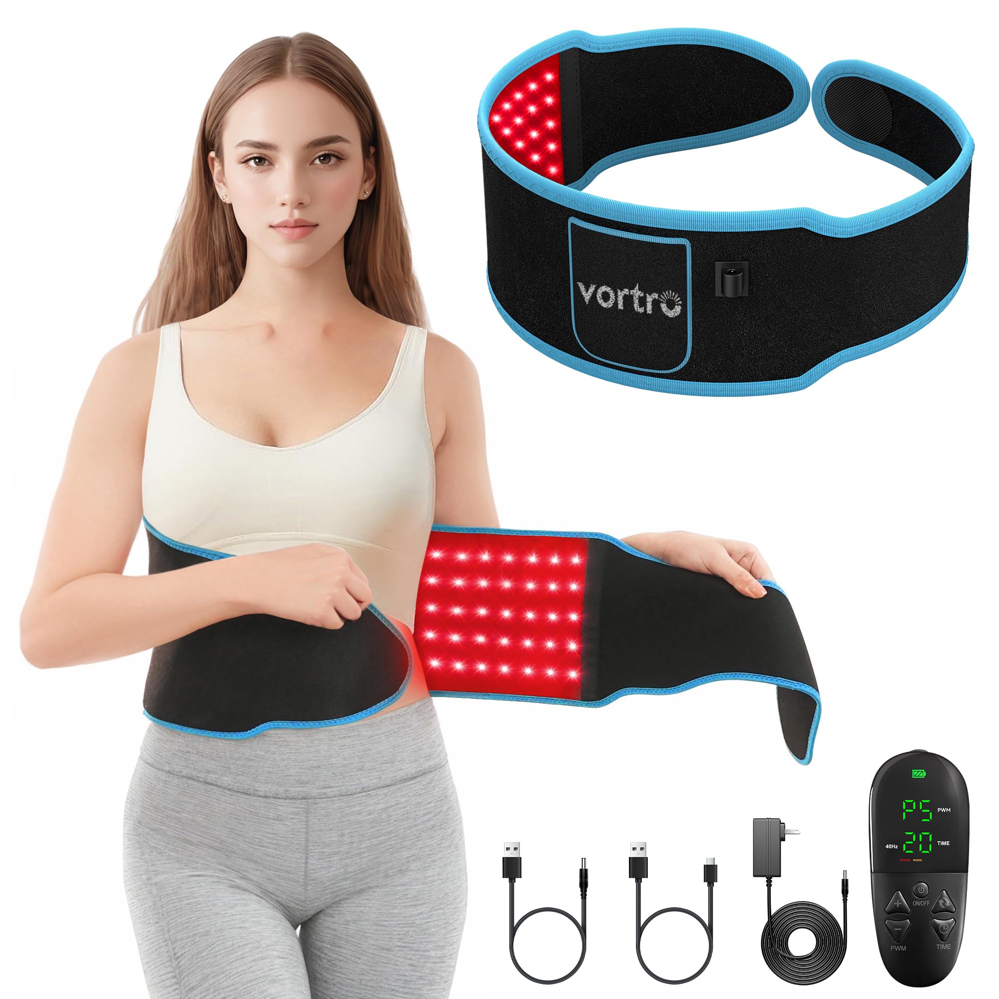 Vortro red light therapy belt front view for at-home muscle relief.
