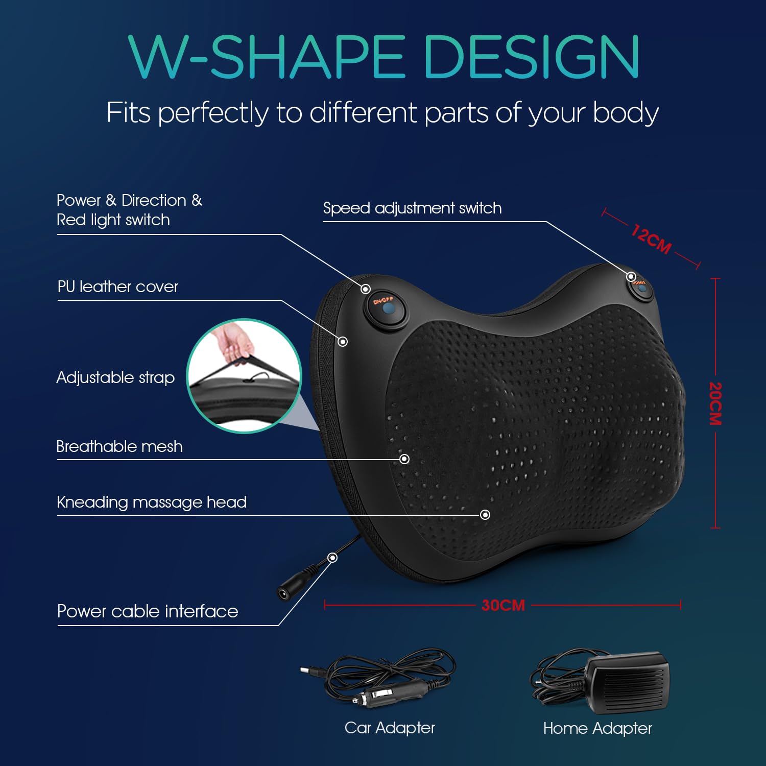 VOYOR-HEALTH massage pillow uses breathable mesh and PU leather for comfort.