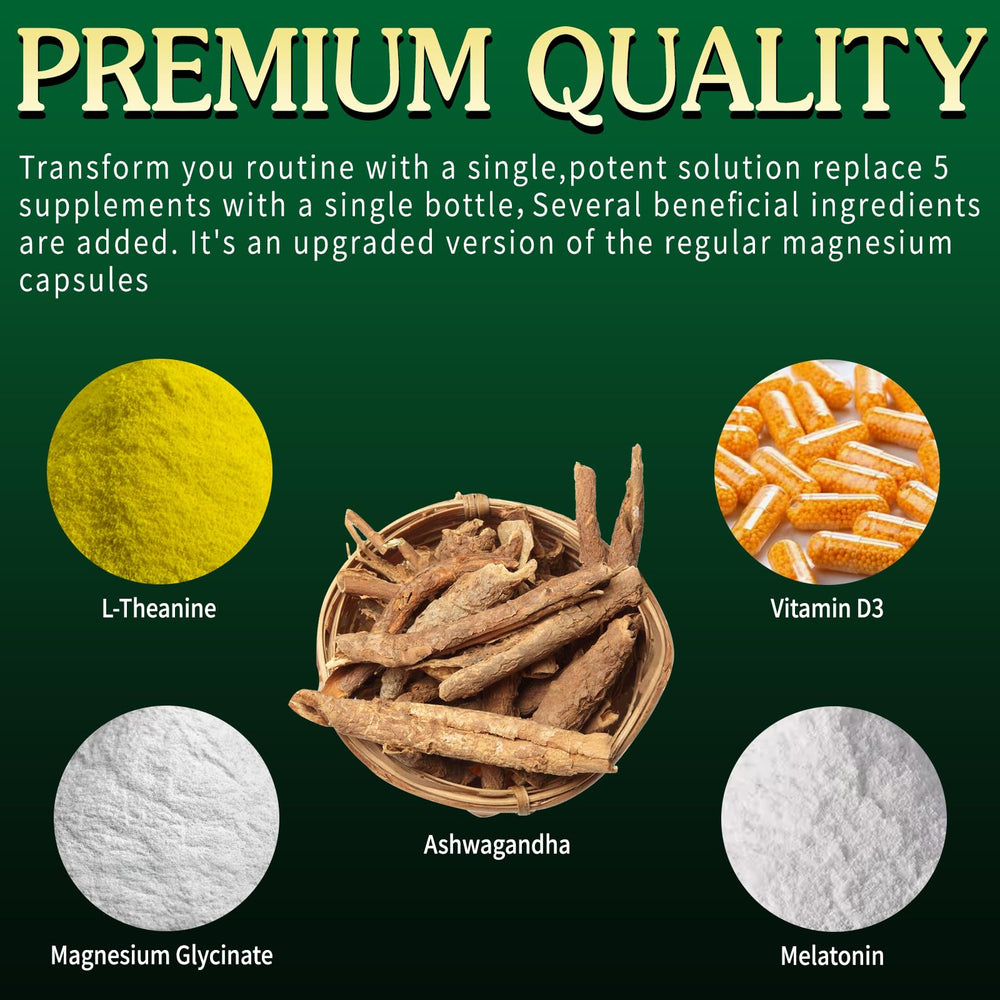 VPKIN Ashwagandha capsules closeup highlighting a five-in-one formula for balance.