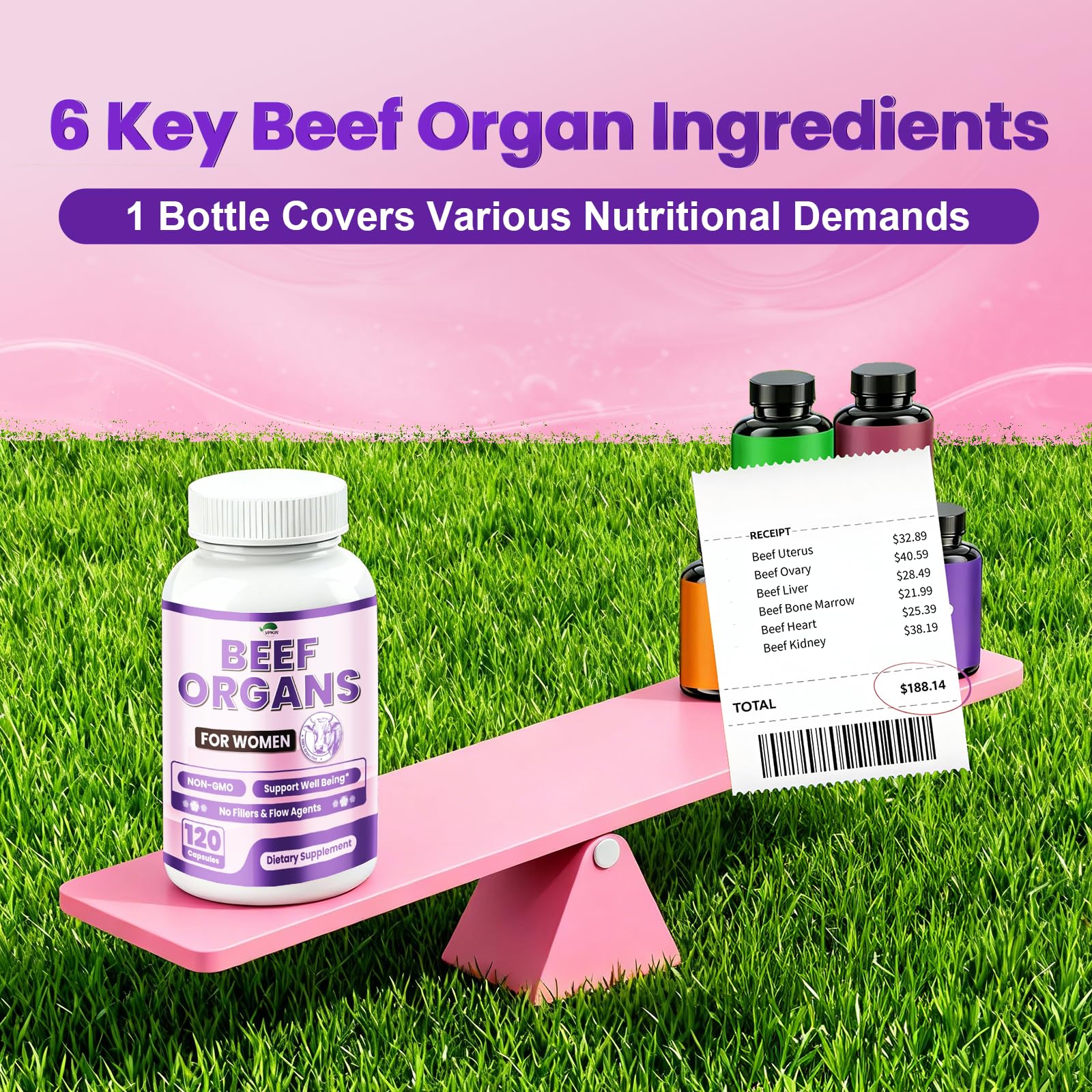 VPKIN beef organ capsules close-up highlighting organ blend for energy and vitality