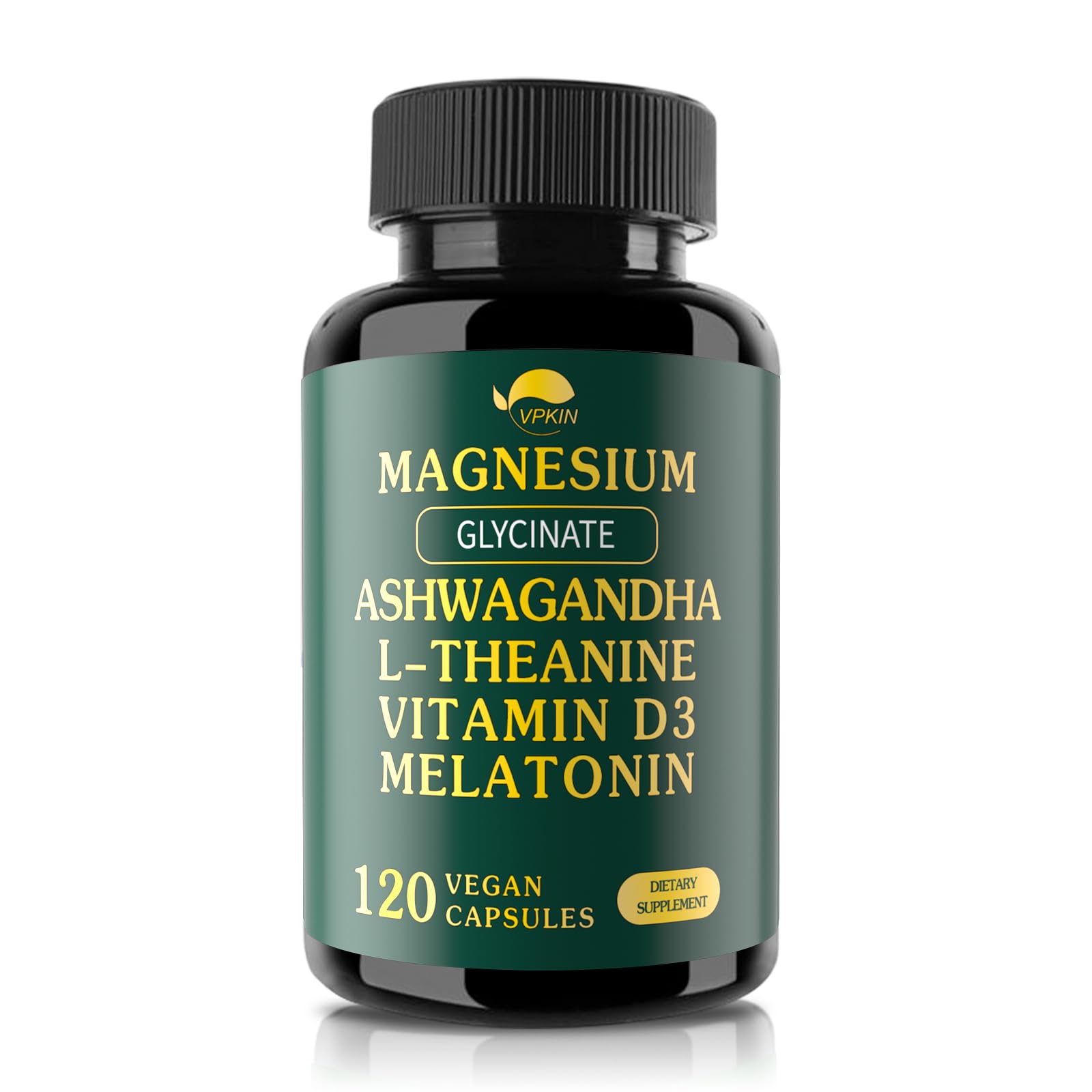 VPKIN Magnesium Ashwagandha bottle displaying 120 vegan capsules for daily balance.