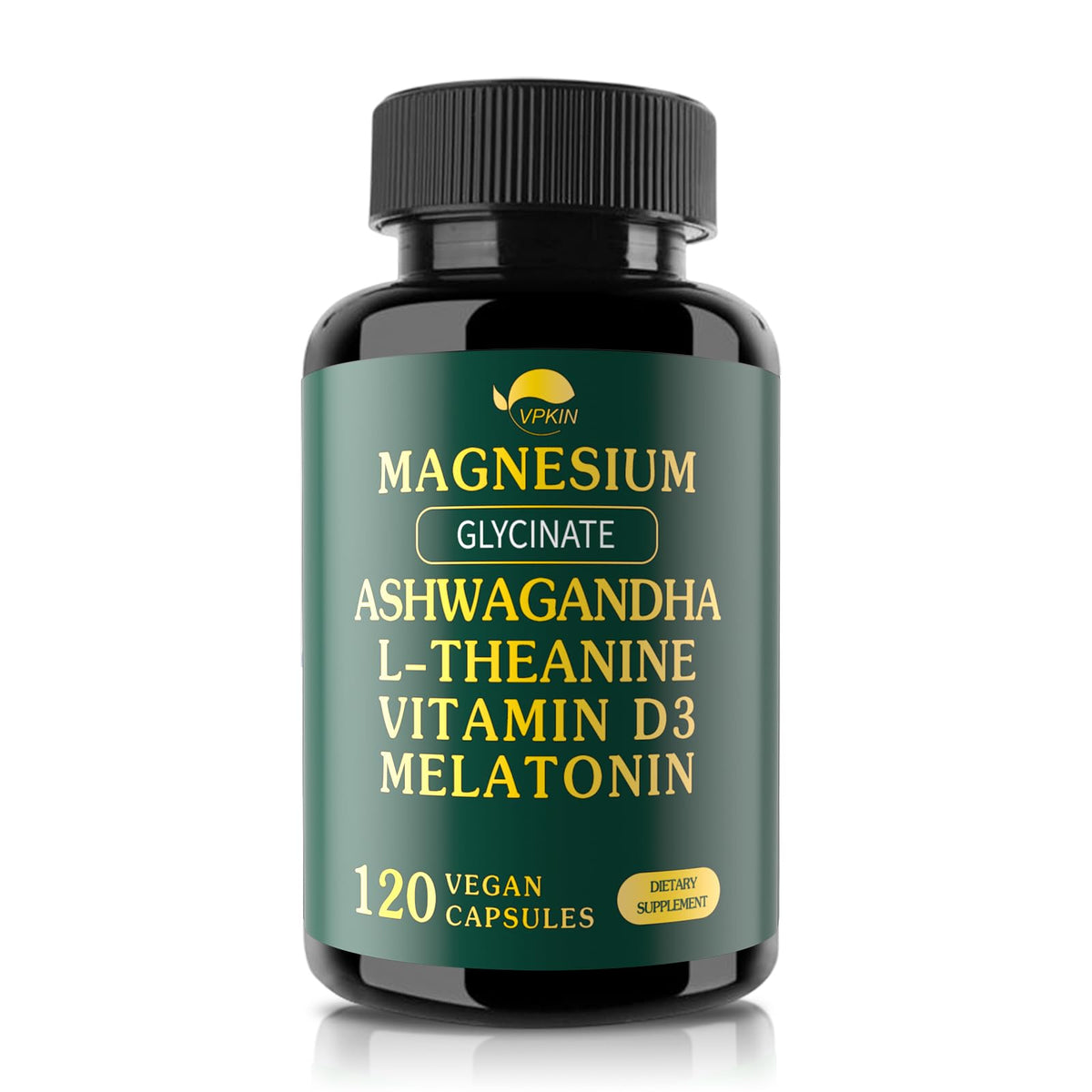 VPKIN Magnesium Ashwagandha bottle displaying 120 vegan capsules for daily balance.