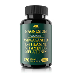 VPKIN Magnesium Ashwagandha bottle displaying 120 vegan capsules for daily balance.