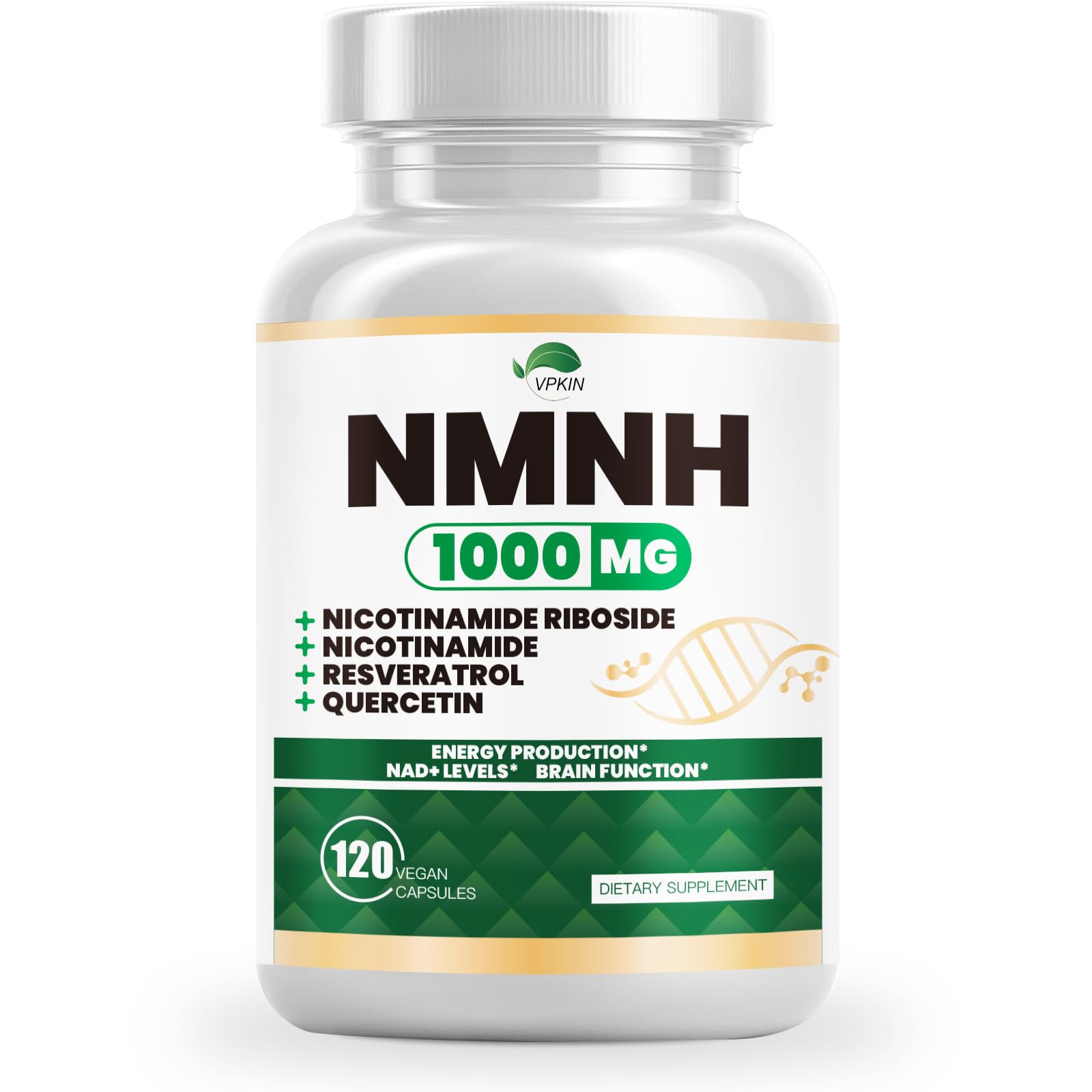 VPKIN NMNH bottle front view shows 120 capsules for daily NAD+ support.