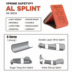 VPRIME SAFETYFY aluminum-core splint with foam cover supports injured limbs comfortably.