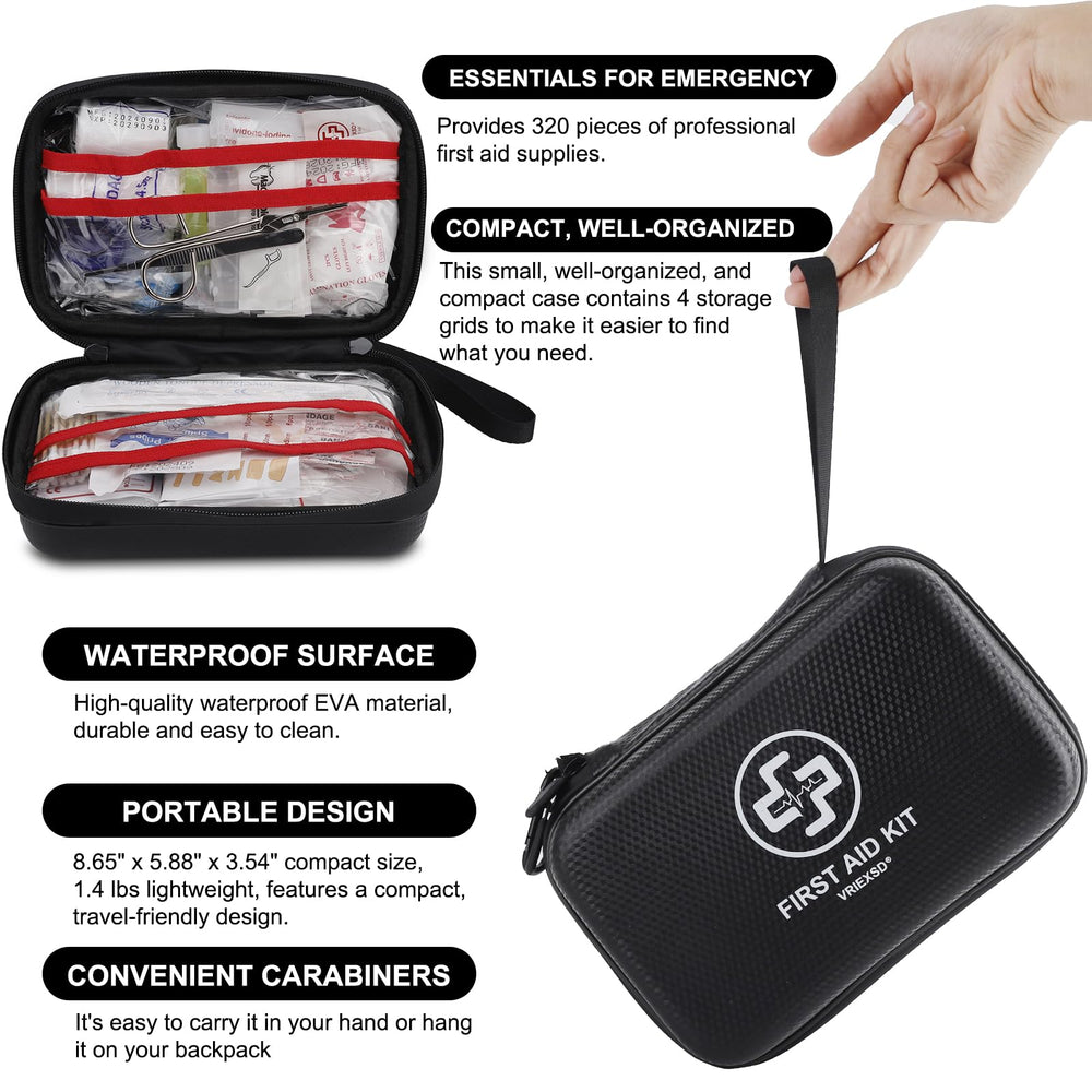 VRIEXSD first aid kit compact size fits backpack or car glove box.