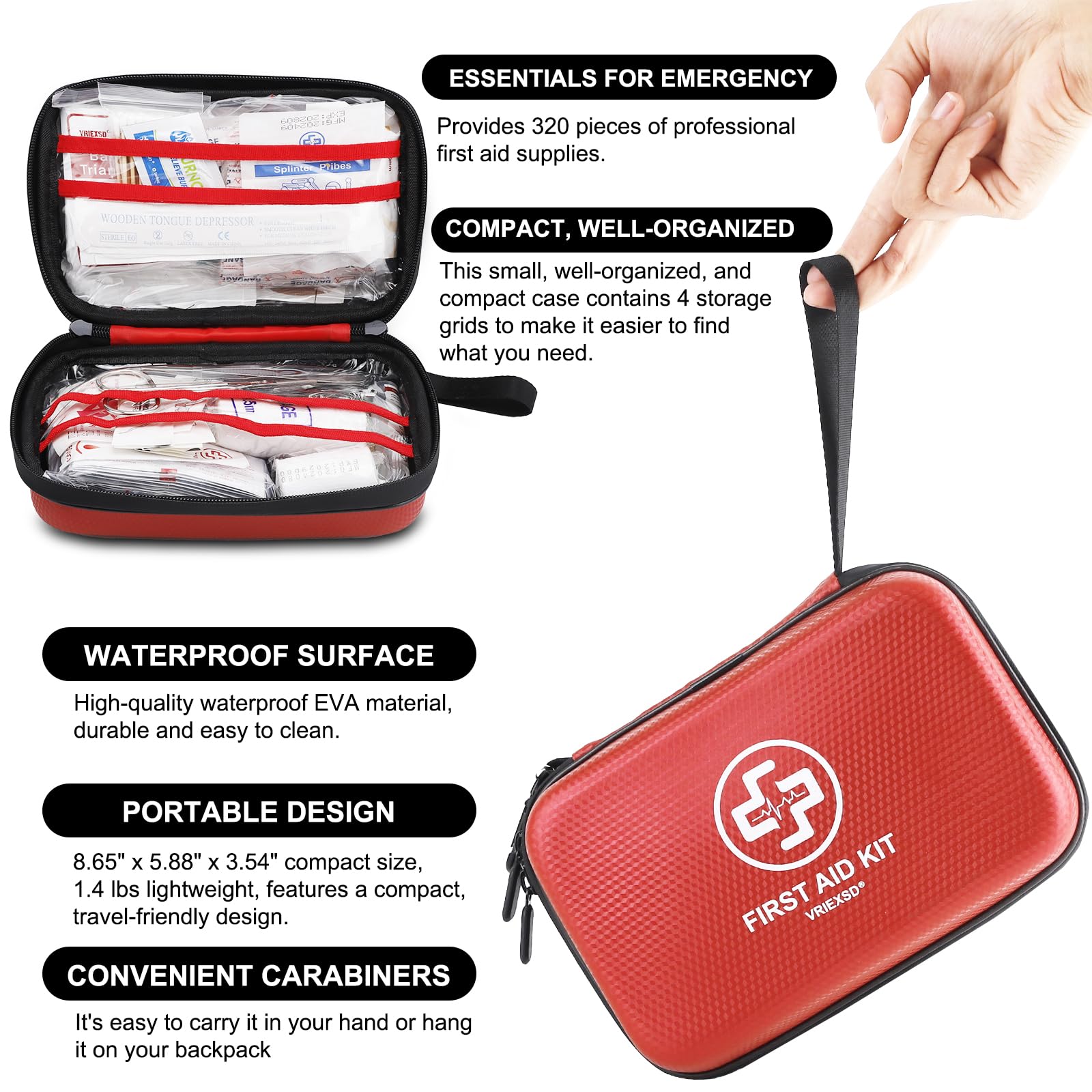 VRIEXSD First Aid Kit compact, portable with carabiner for travel.