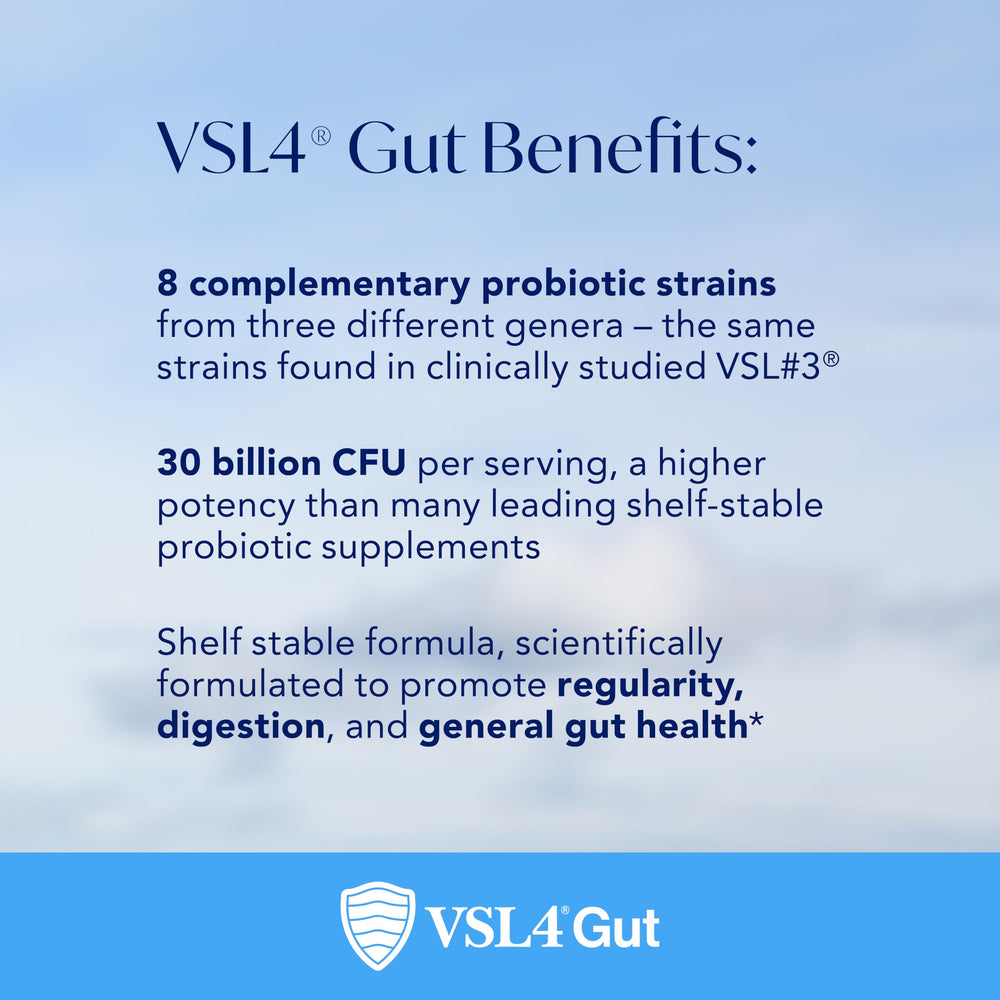 Packaging display shows the VSL4 Gut Daily Probiotics branding and multi-strain formula