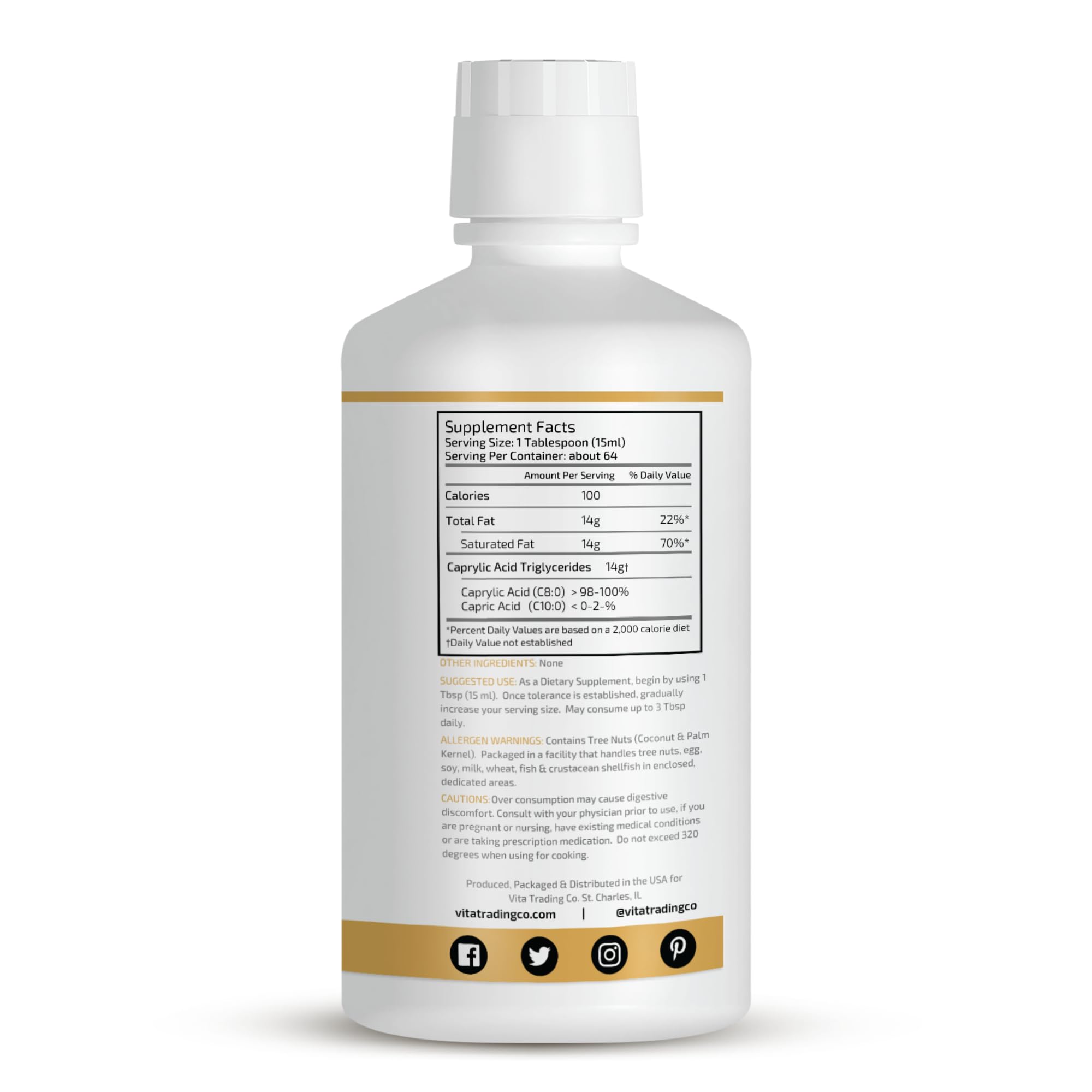 VTC VitaTradingCo. C8 MCT oil bottle on kitchen counter for daily routines.