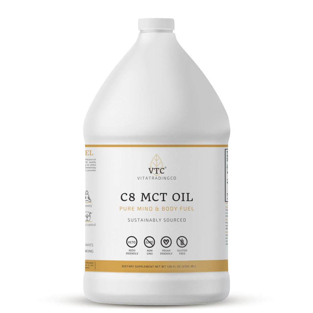 VTC Pure C8 MCT Oil bottle on counter showing clean energy option