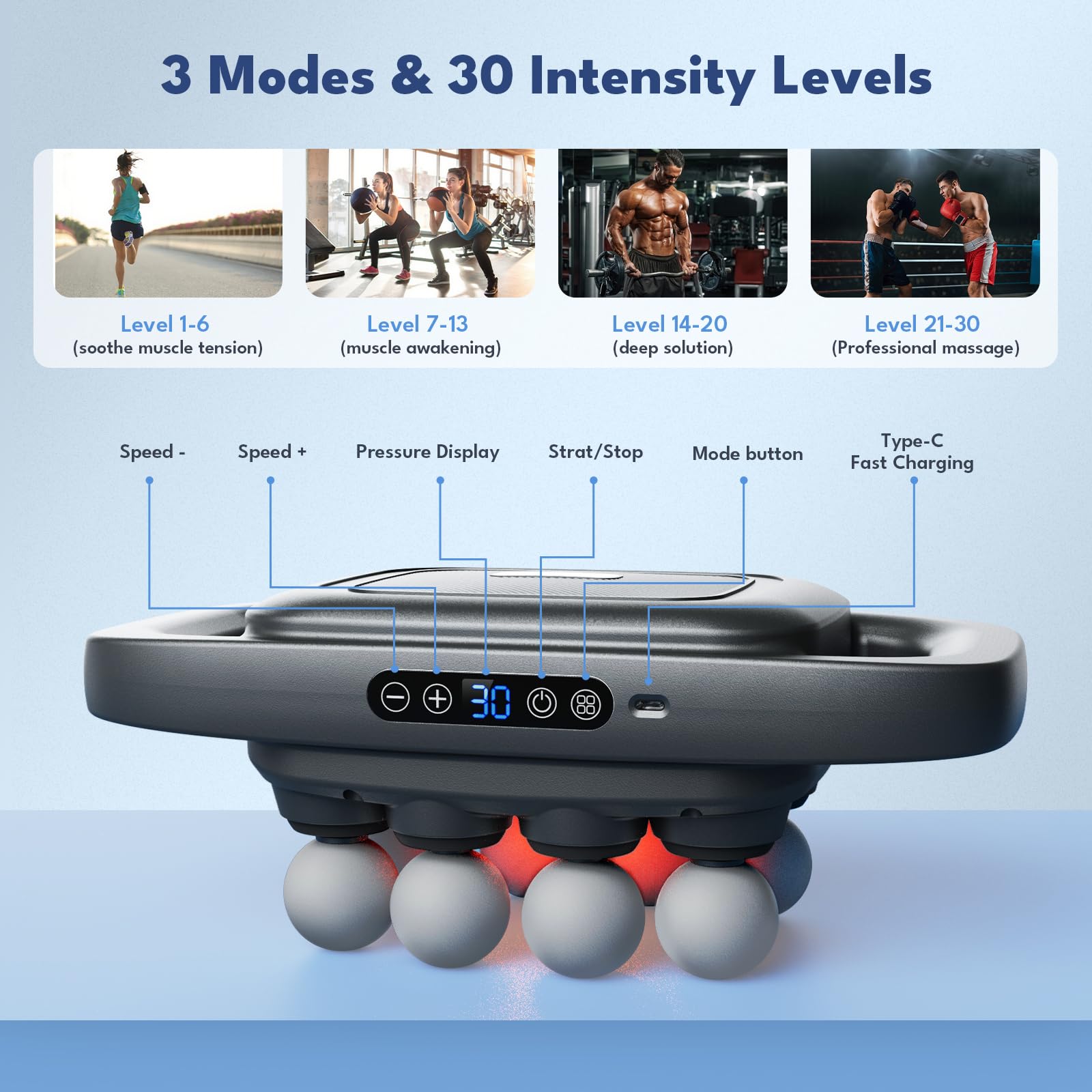 VTT 8-head massage gun compact design showcase for easy storage.