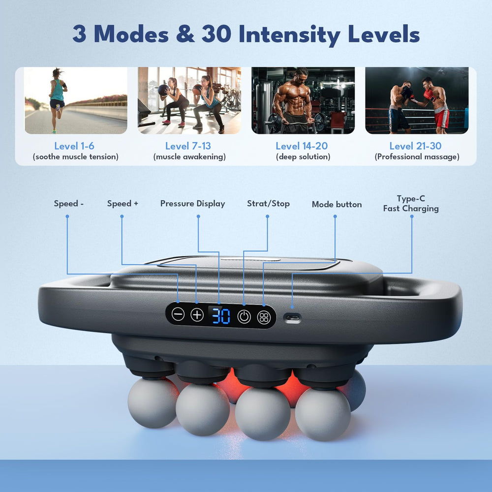 VTT 8-head massage gun compact design showcase for easy storage.