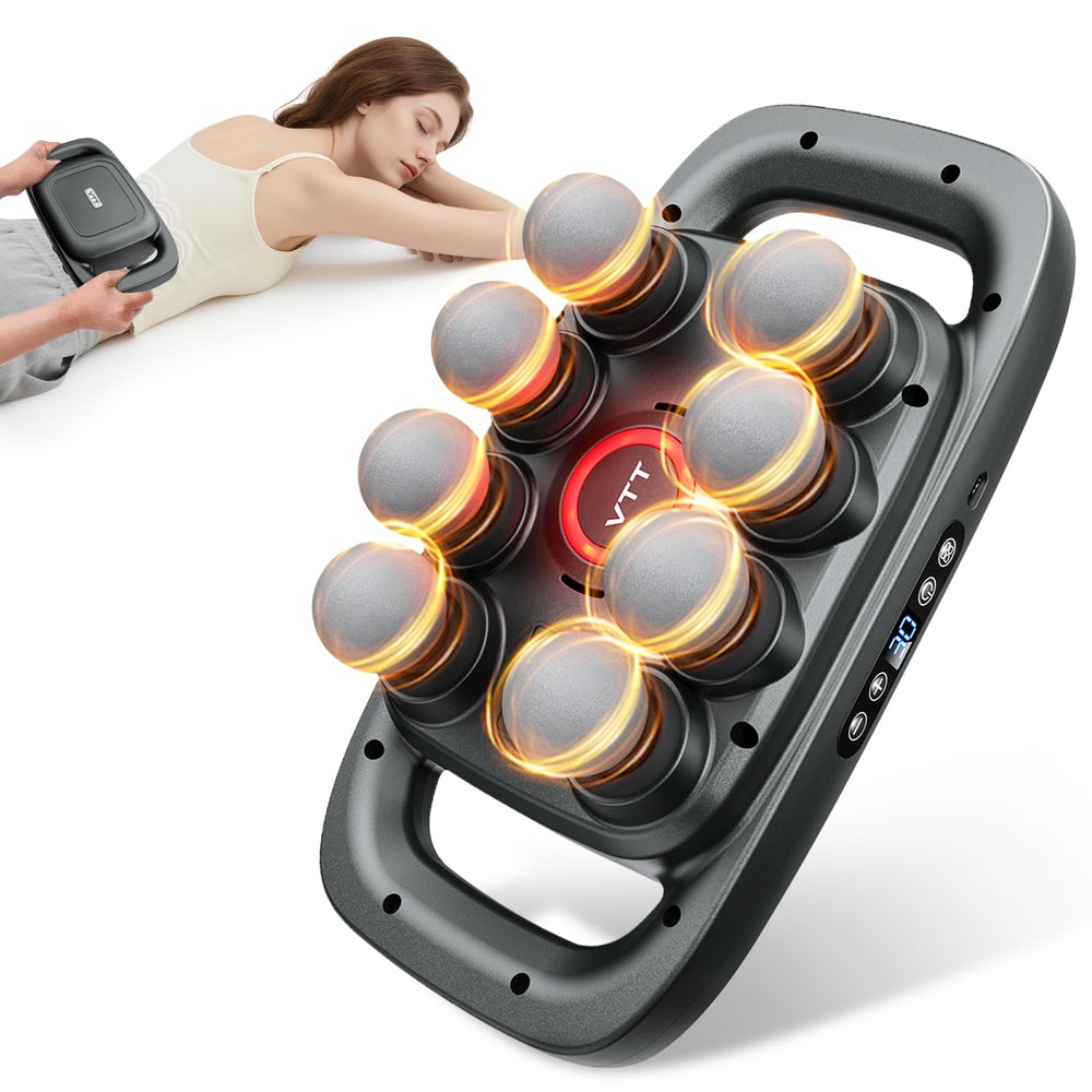 VTT 8-head massage gun front view showing broad coverage and relief potential.