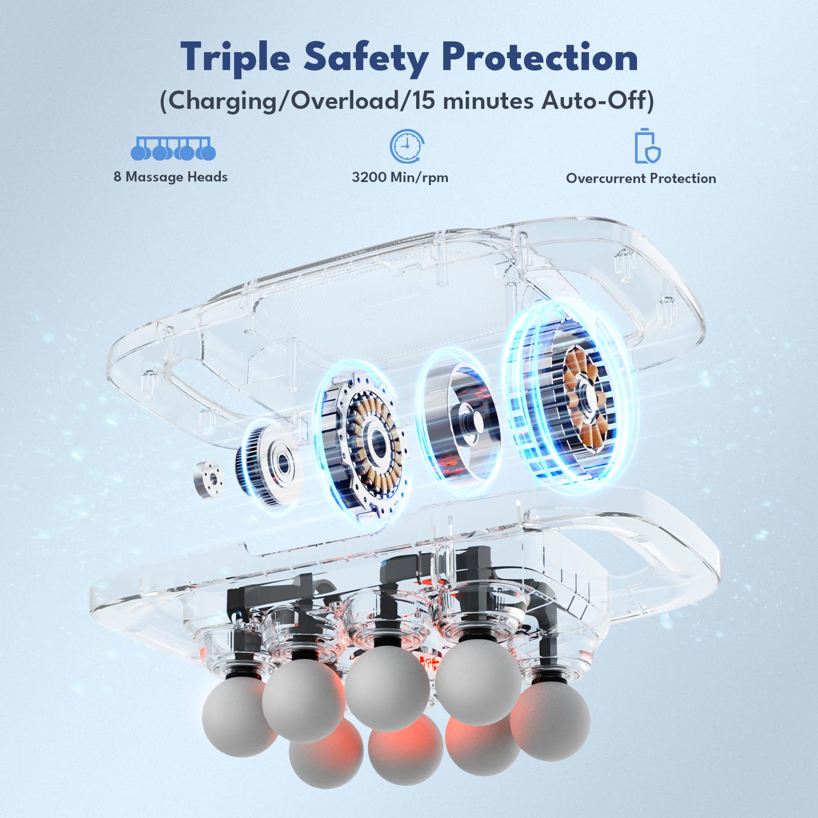 VTT 8-head massage gun in-use back targeting knots for relief.
