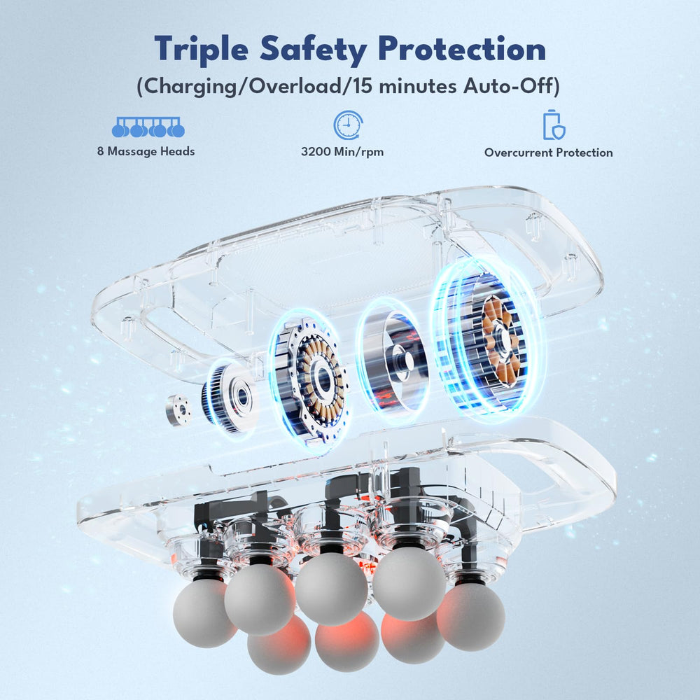 VTT 8-head massage gun in-use back targeting knots for relief.