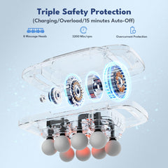 VTT 8-head massage gun in-use back targeting knots for relief.