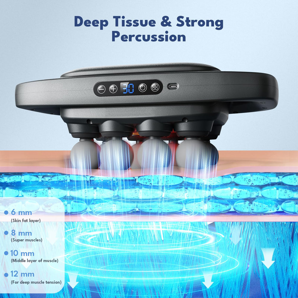 VTT 8-head massage gun side view highlighting ergonomic handle for extended use.
