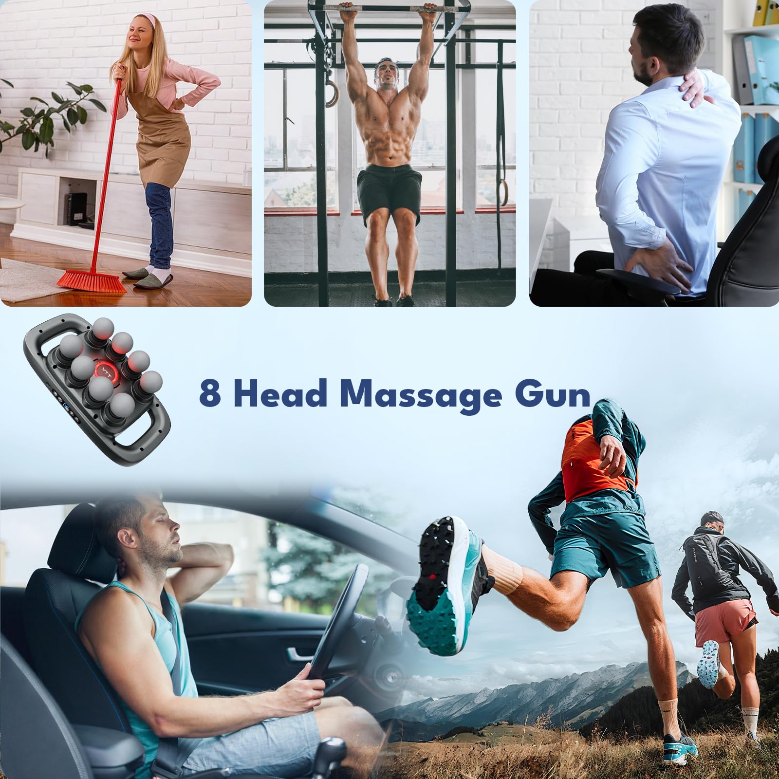 VTT 8-head massage gun USB-C charging and long battery life.