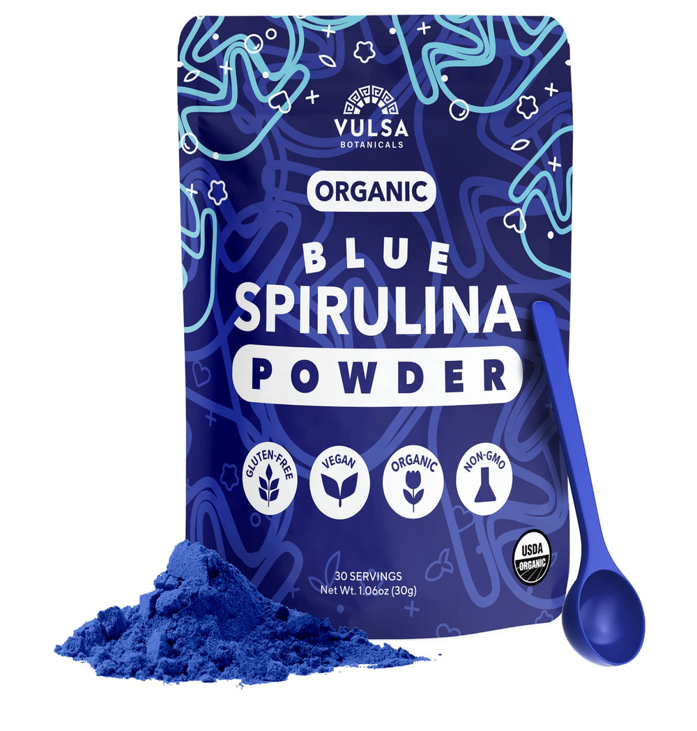 Vulsa Blue Spirulina Powder packaging shows pure blue-green algae for colorful dishes