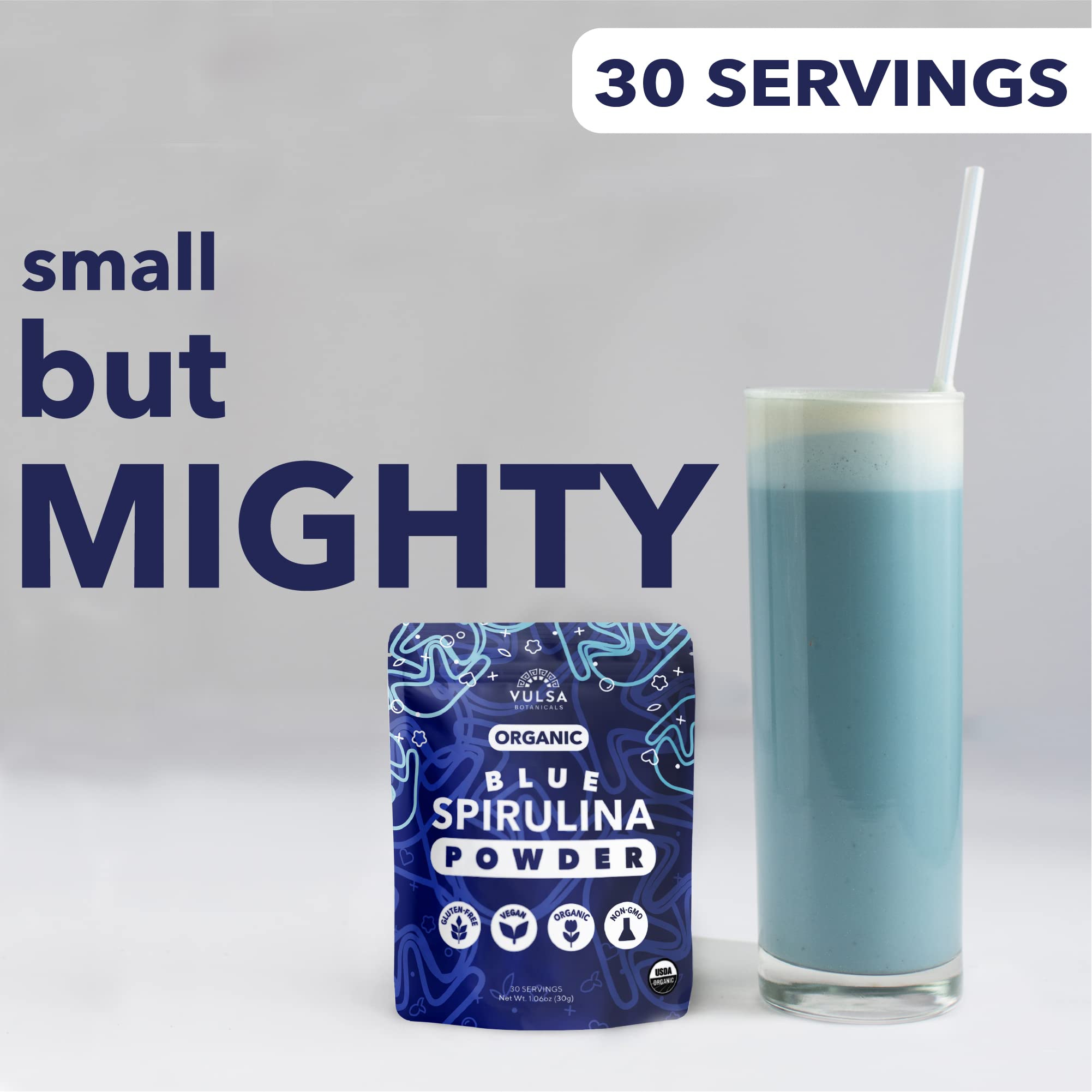 Vulsa Blue Spirulina Powder scoop emphasizes convenient daily protein and nutrients