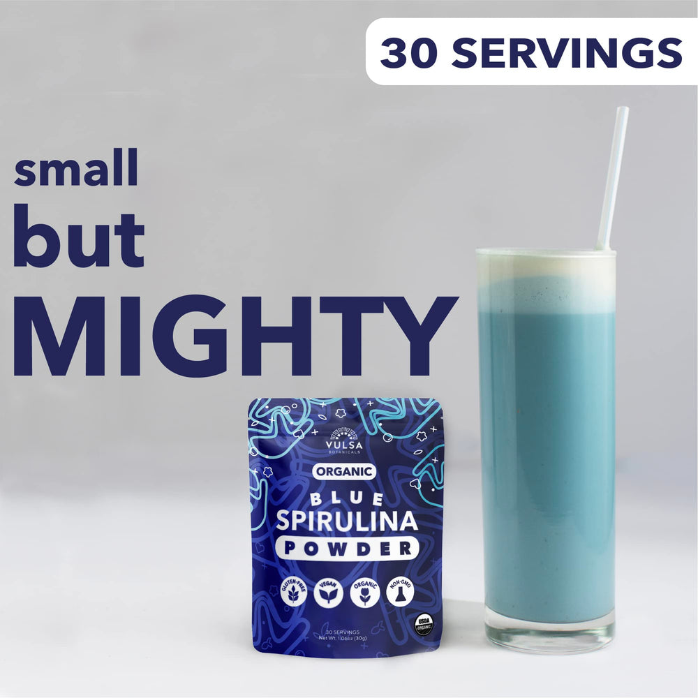 Vulsa Blue Spirulina Powder scoop emphasizes convenient daily protein and nutrients