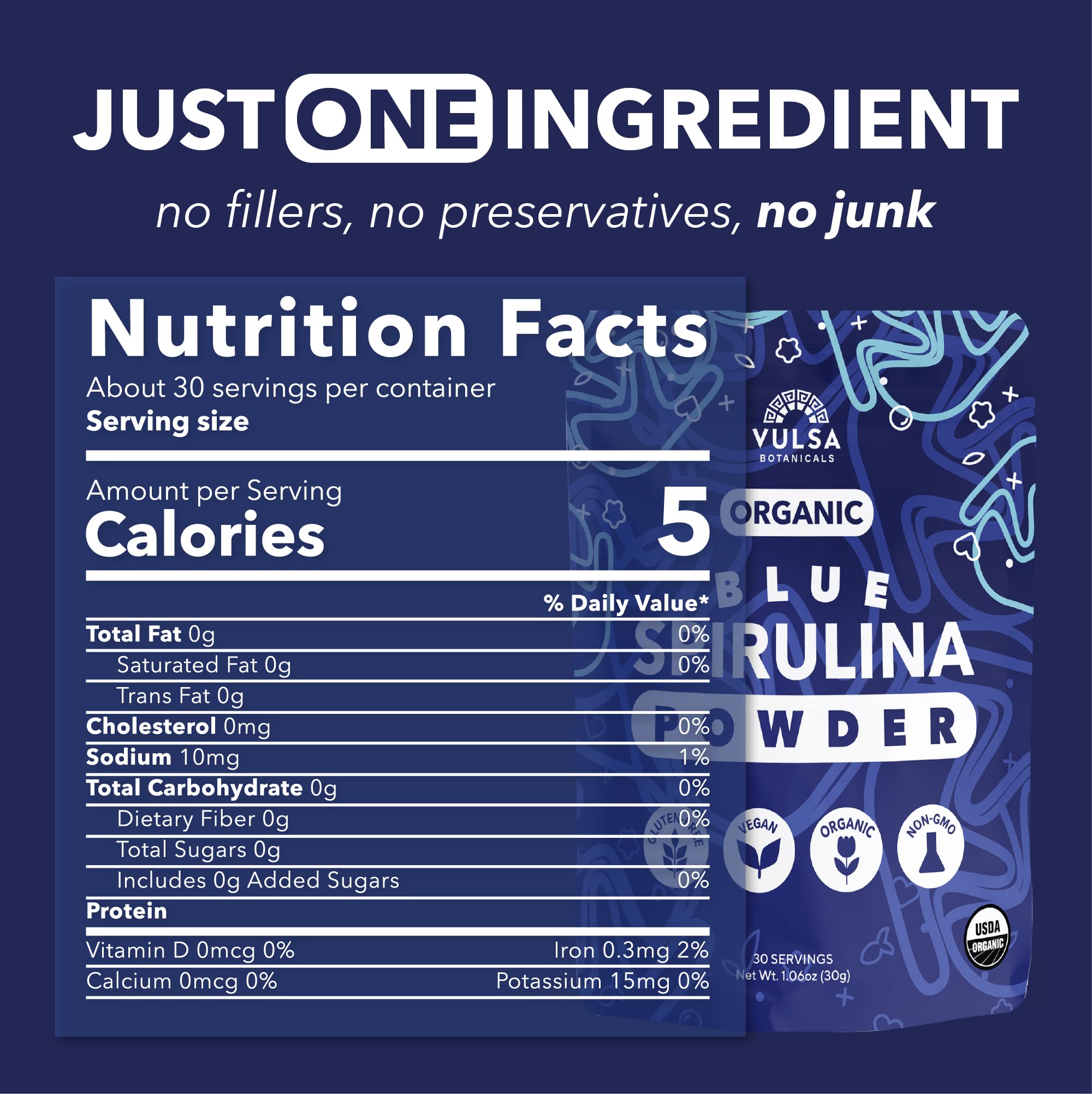 Vulsa Blue Spirulina Powder smoothie image demonstrates protein boost and vibrant hue