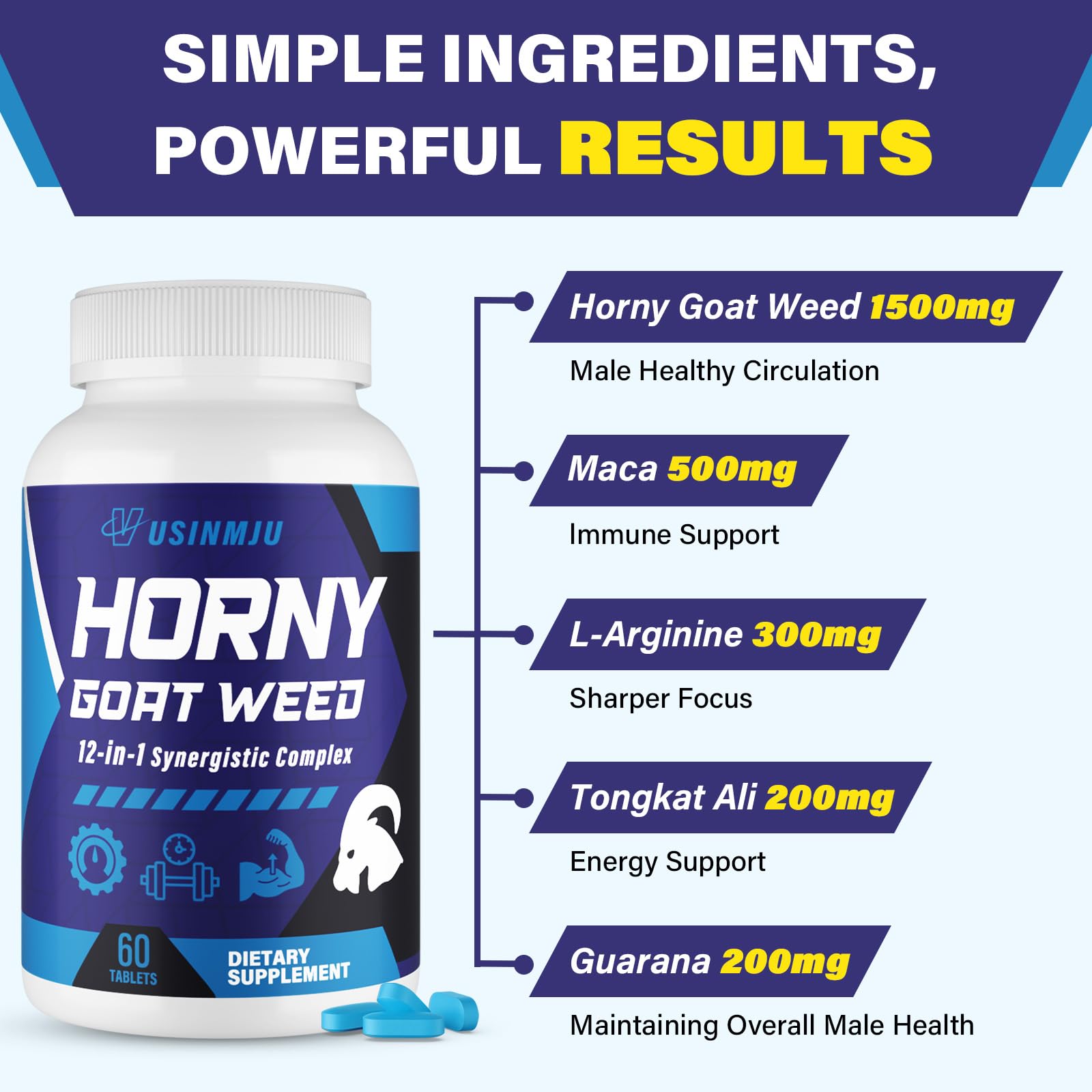 Vusinmju Horny Goat Weed bottle showing dosage guidance for daily use