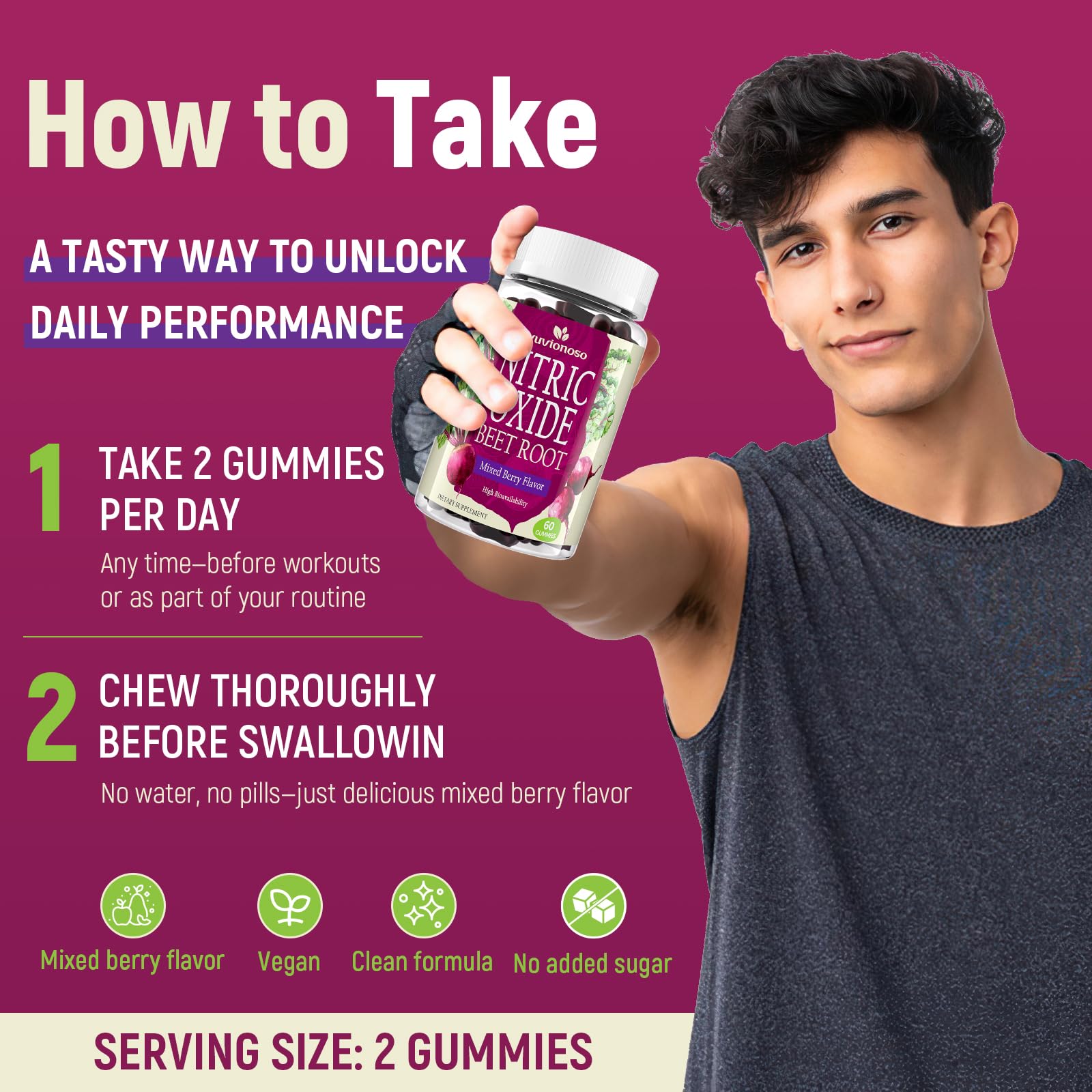 Vuvionoso Beet Root Gummies flavor close-up showcasing mixed berry color and sugar-free formula.