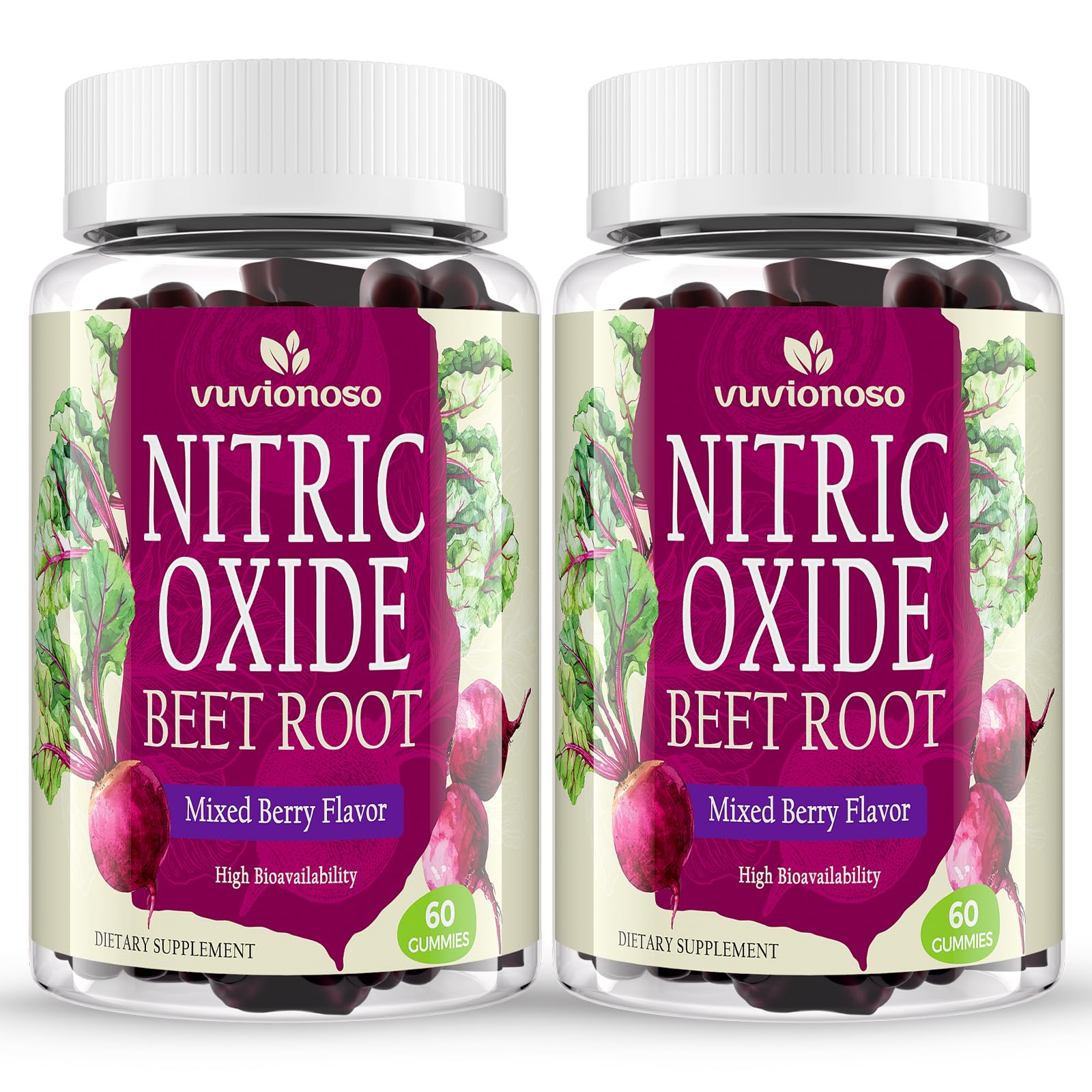 Vuvionoso Beet Root Gummies jar front with sugar-free mixed berry flavor for daily wellness.